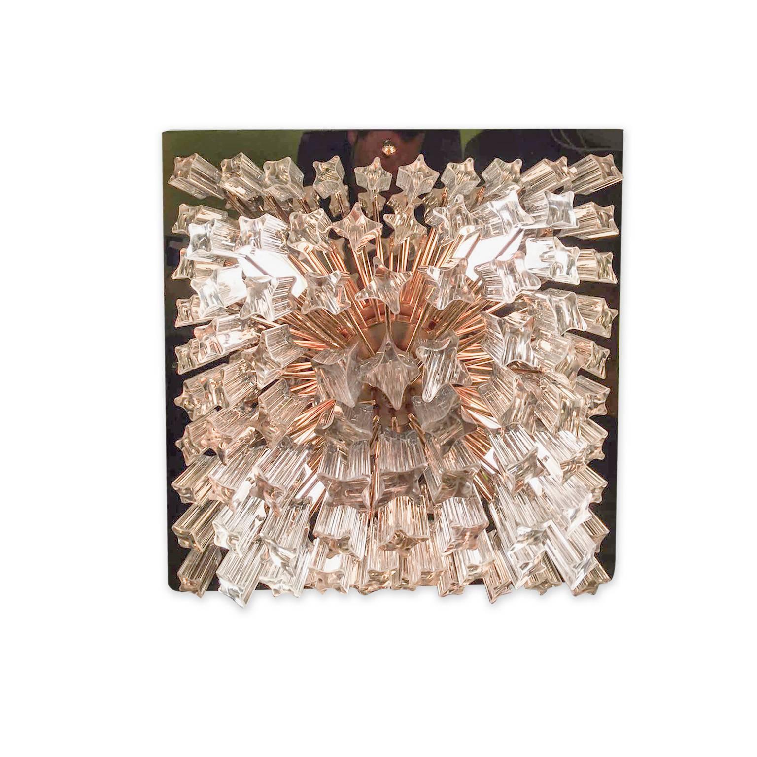 Italian Mid-20th Century Murano Glass Prism and Gold Plafonnier Chandelier For Sale