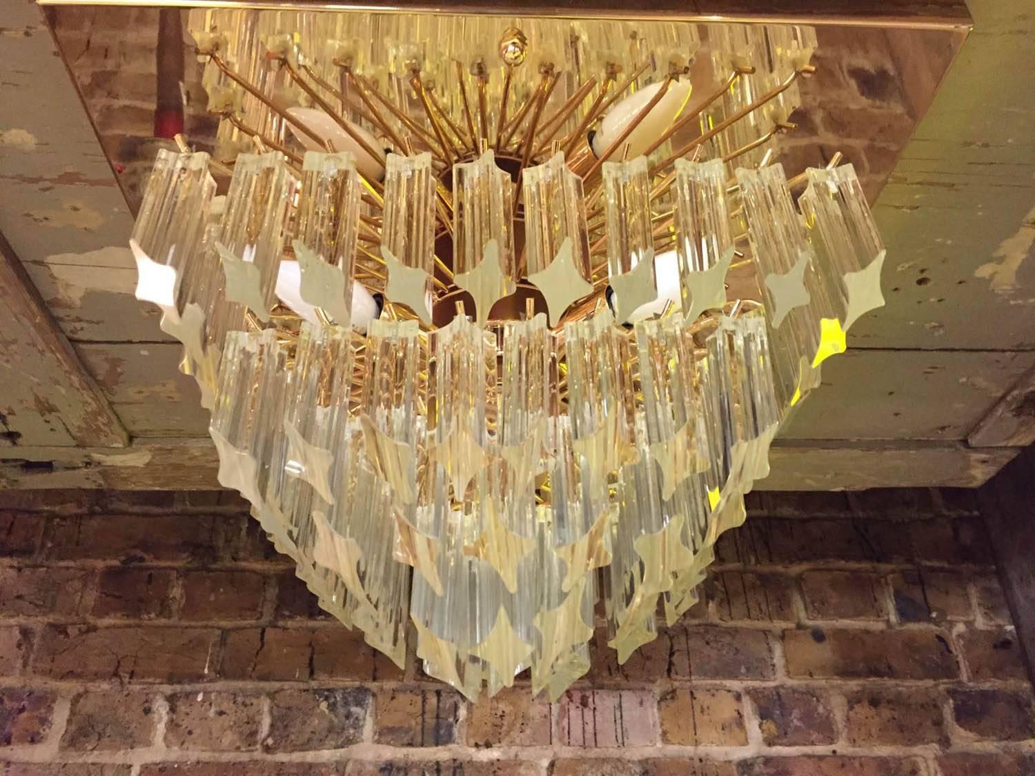 Mid-20th Century Murano Glass Prism and Gold Plafonnier Chandelier In Excellent Condition For Sale In Hove, GB