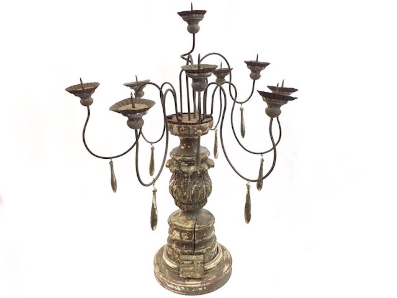 French Provincial Antique Portuguese Candelabra with Polychrome Finish and Rusted Iron Details For Sale