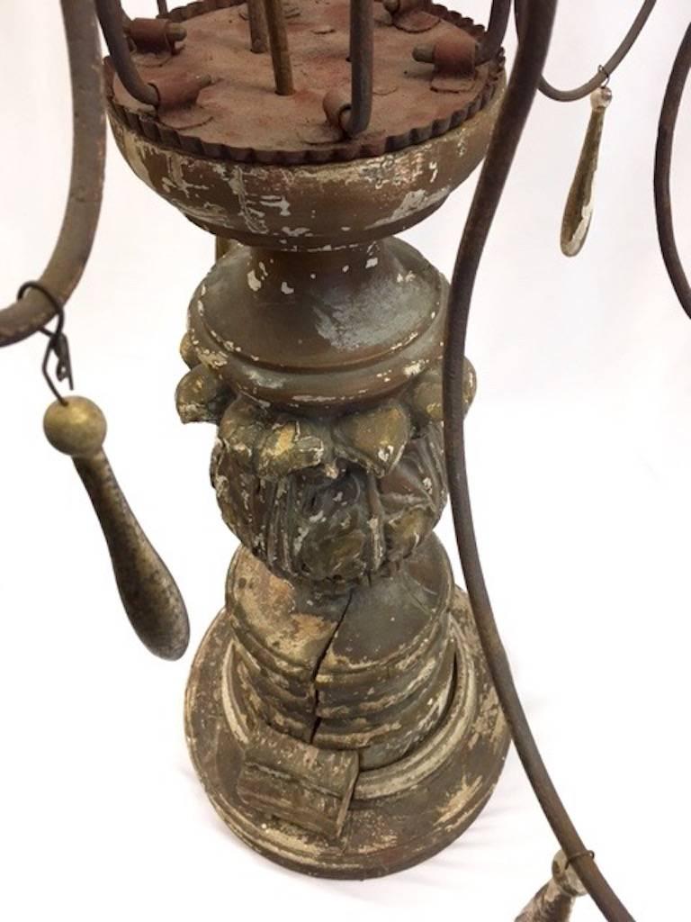 Painted Antique Portuguese Candelabra with Polychrome Finish and Rusted Iron Details For Sale