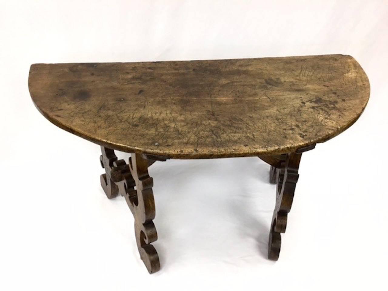 Italian Antique Walnut Demilune Console In Distressed Condition For Sale In Phoenix, AZ