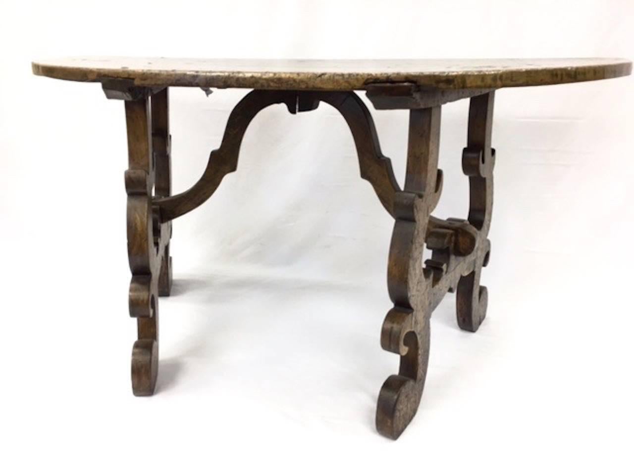 Hand-Crafted Italian Antique Walnut Demilune Console For Sale
