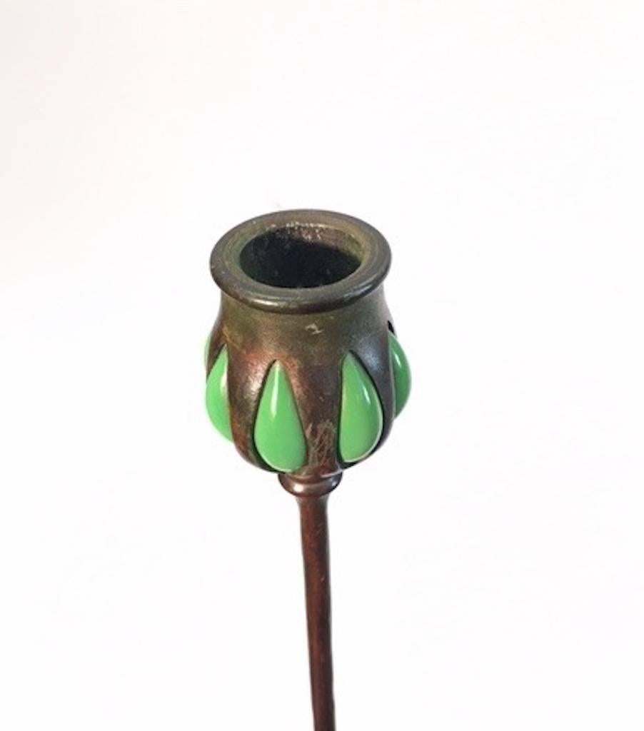 Patinated Bronze and Glass Tiffany Studios Candlestick For Sale