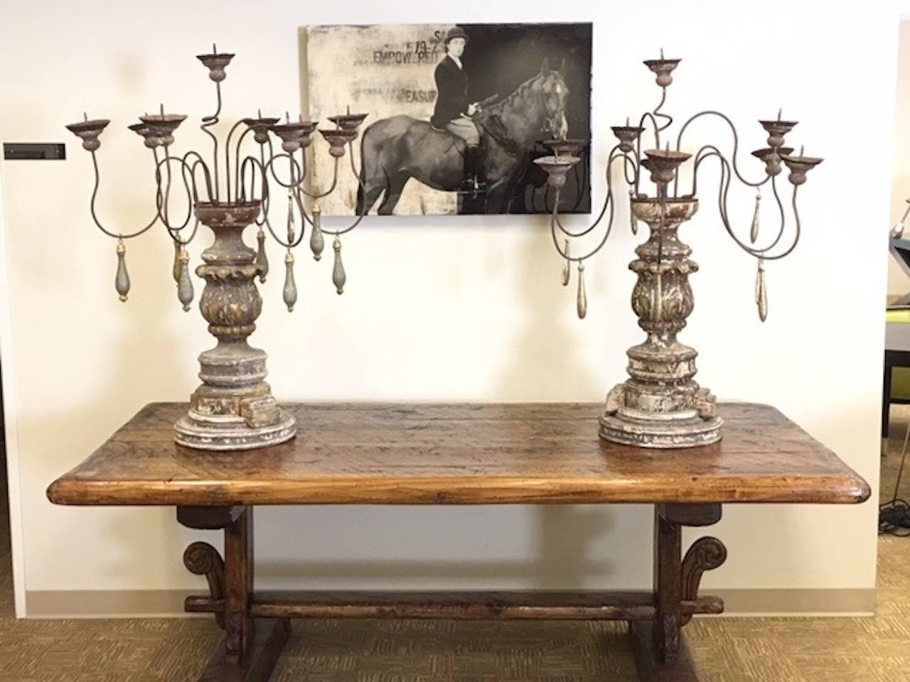 Antique Portuguese Candelabra with Polychrome Finish and Rusted Iron Details In Distressed Condition For Sale In Phoenix, AZ