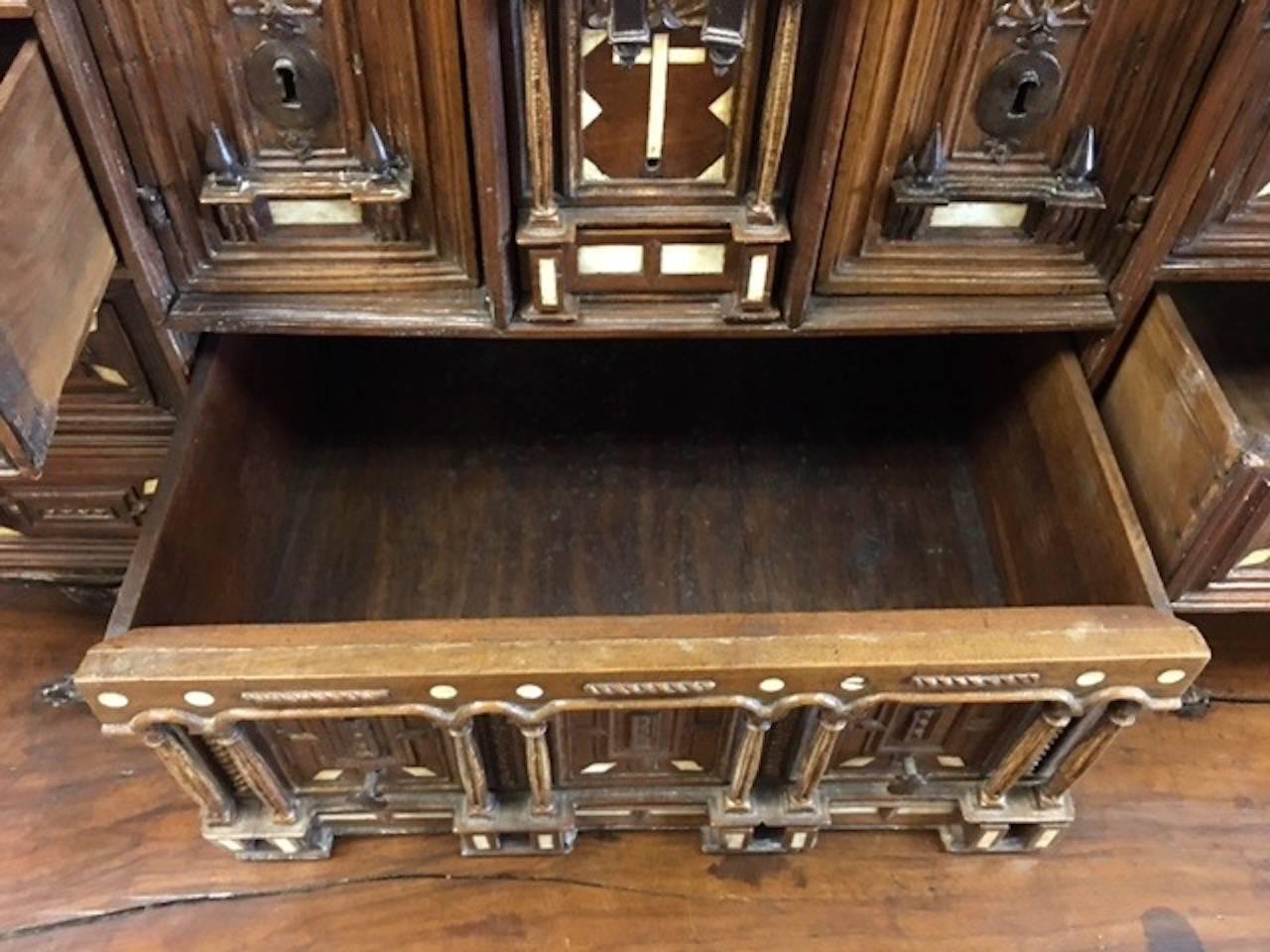 Carved Spanish Colonial Traveling Desk in Walnut and Bone Inlay For Sale