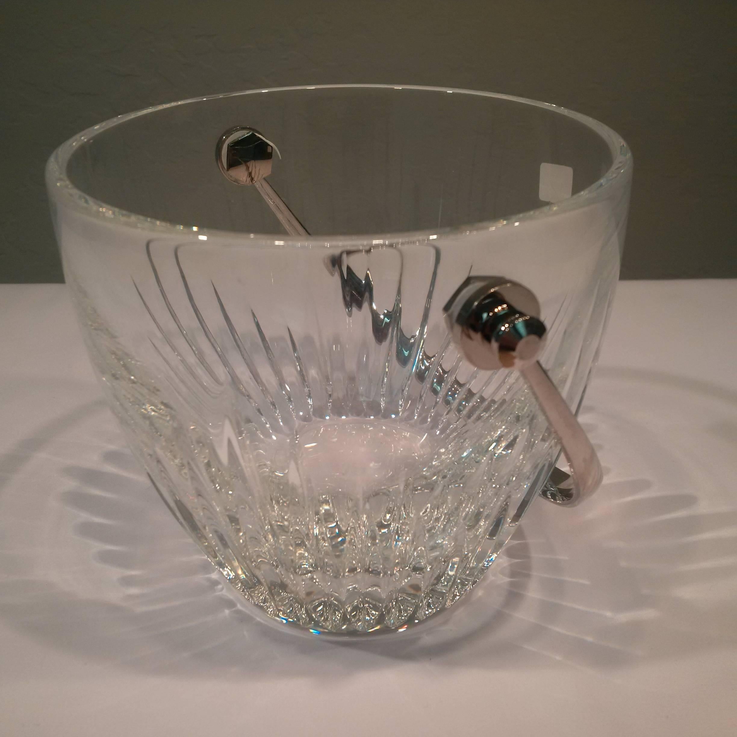 French Baccarat Massena Ice Bucket in Lead Crystal with Stainless Steel Handle For Sale