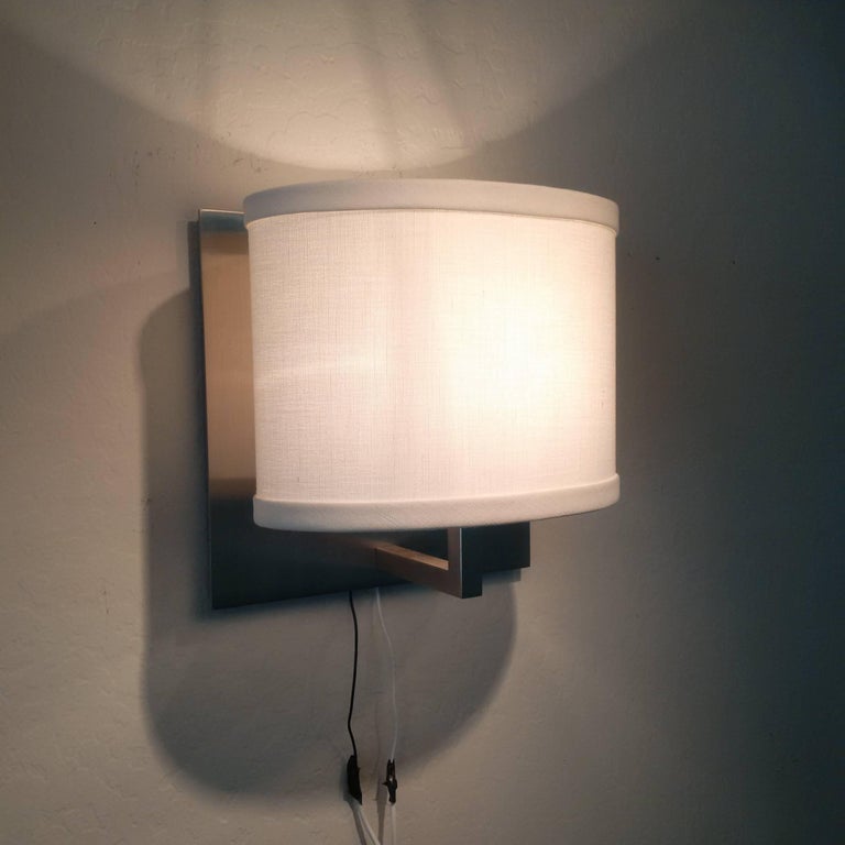 Satin Nickel Boyd Wall Sconces with Oval Linen Shades For Sale at 1stdibs