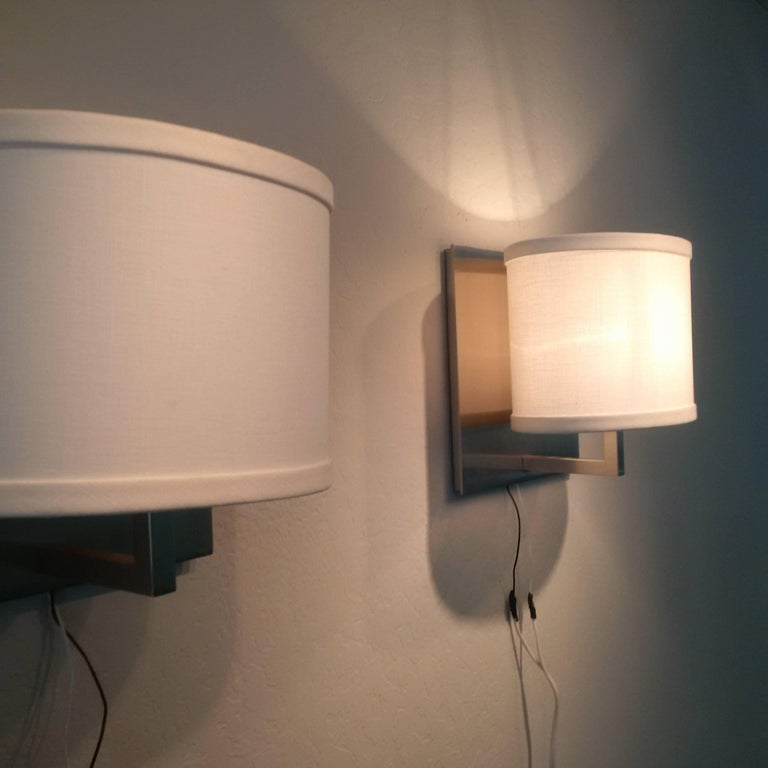 Satin Nickel Boyd Wall Sconces with Oval Linen Shades For Sale at 1stdibs