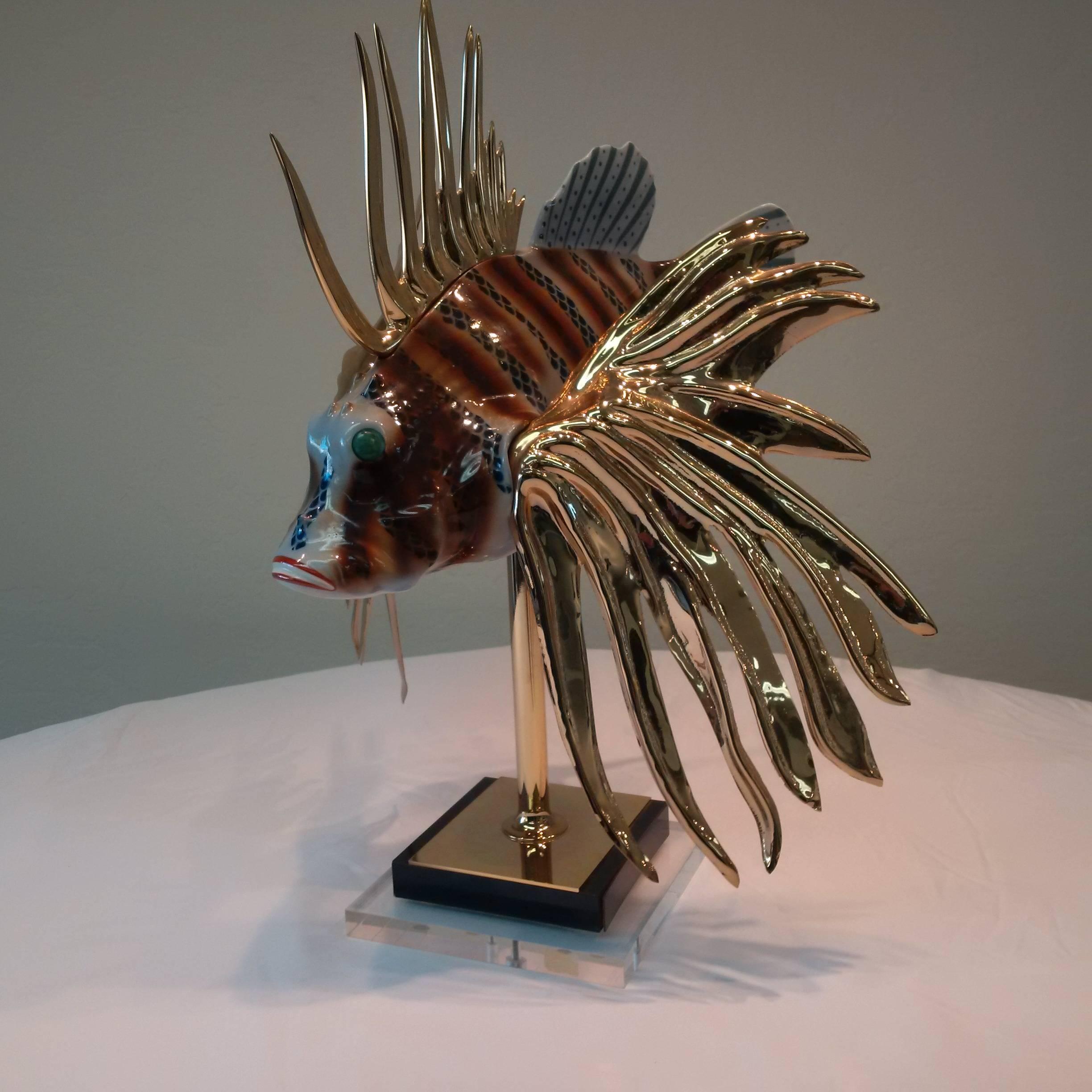 Modern Porcelain and Gold-Plated Mangani Lion Fish For Sale