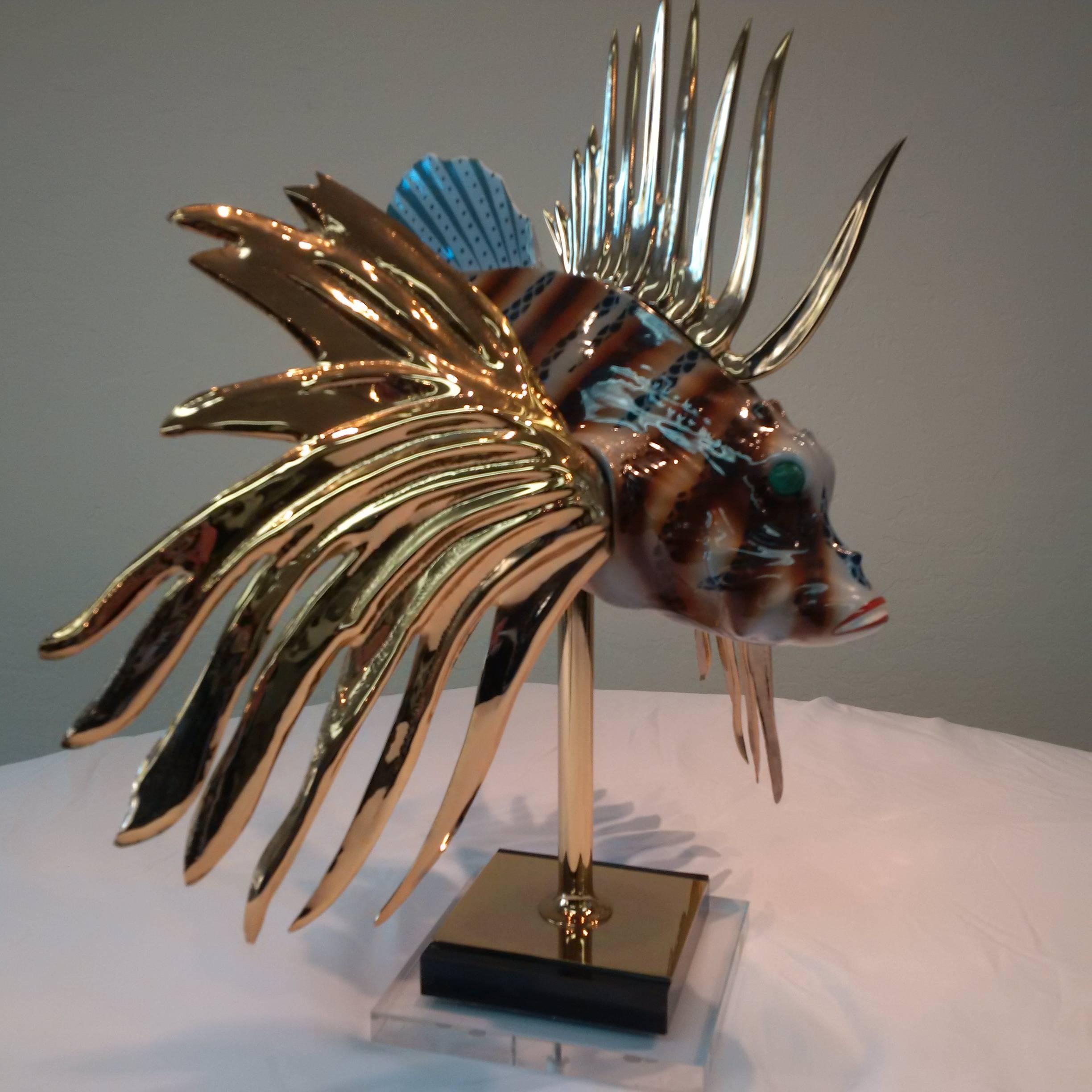 Metalwork Porcelain and Gold-Plated Mangani Lion Fish For Sale