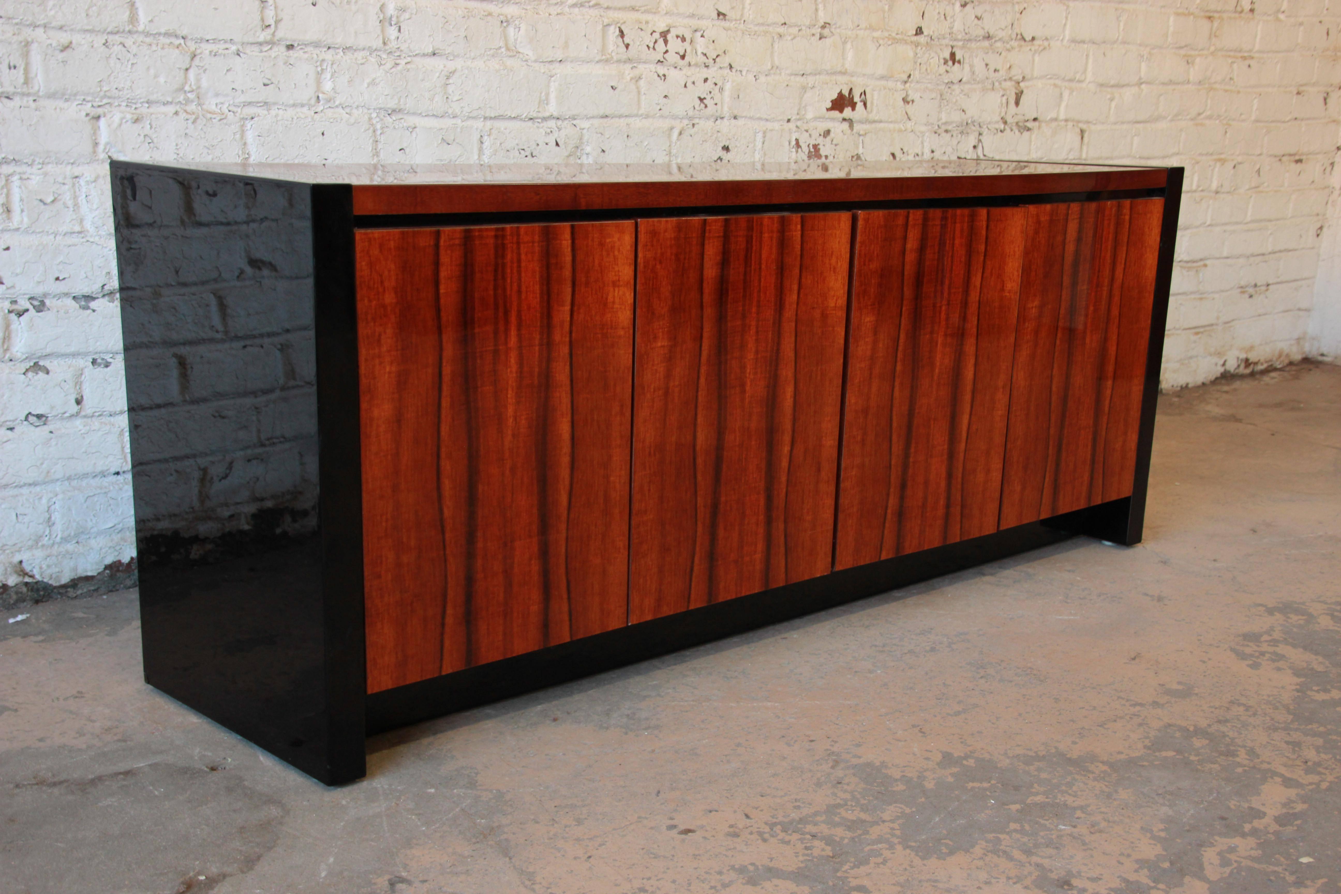 Modern Henredon Elan Collection Black Lacquer and Koa Wood Credenza
