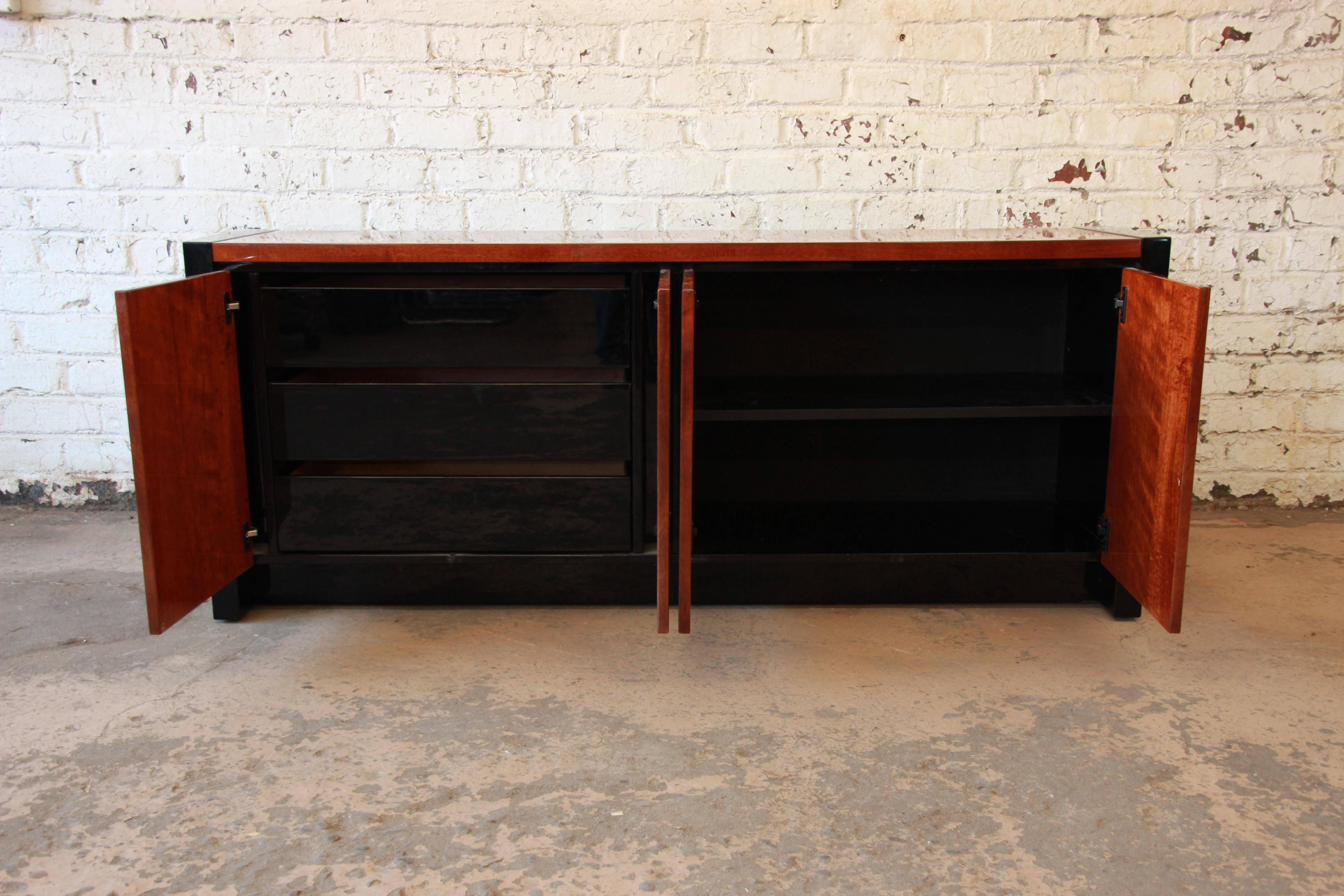 20th Century Henredon Elan Collection Black Lacquer and Koa Wood Credenza