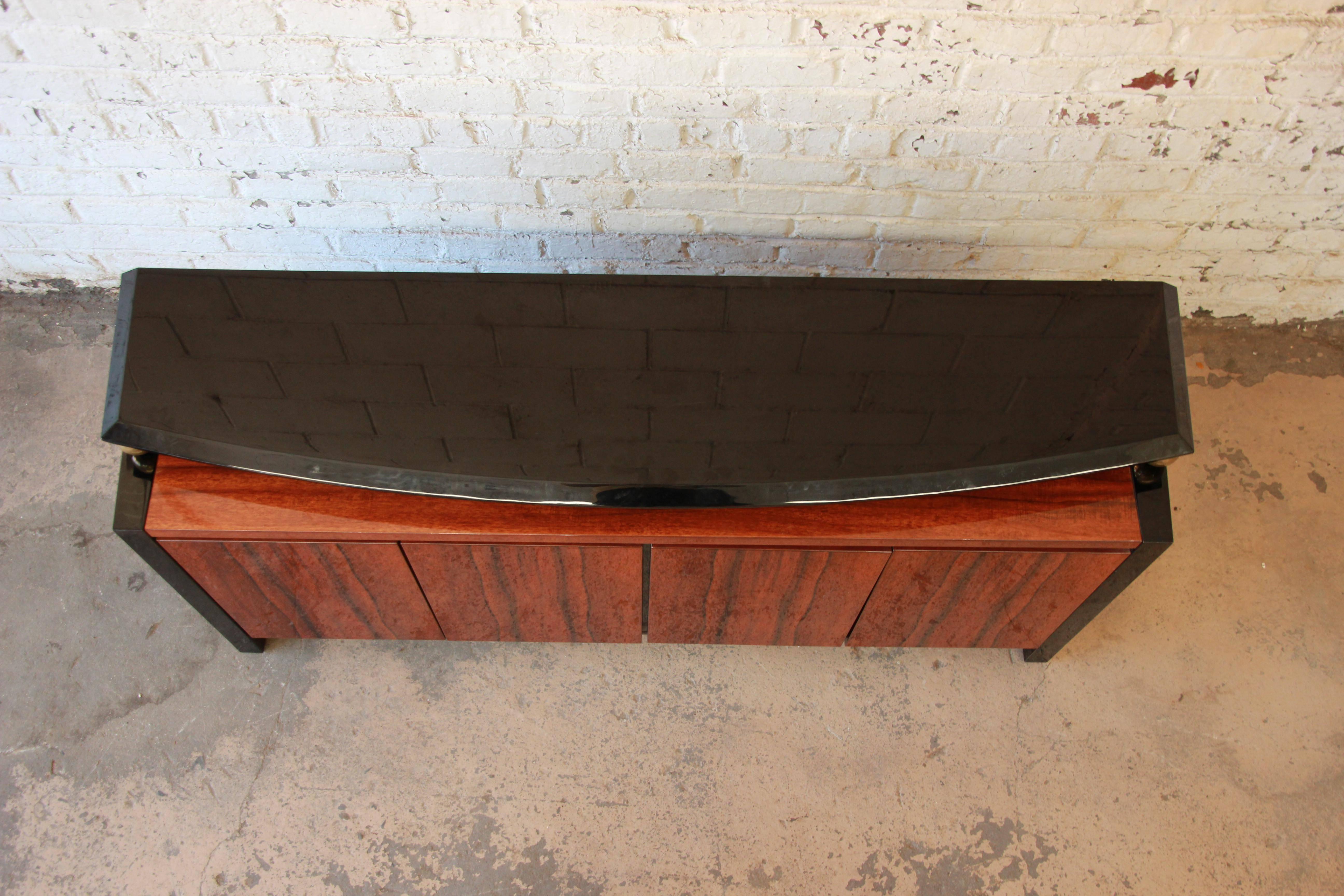 North American Henredon Elan Collection Black Lacquer and Koa Wood Credenza