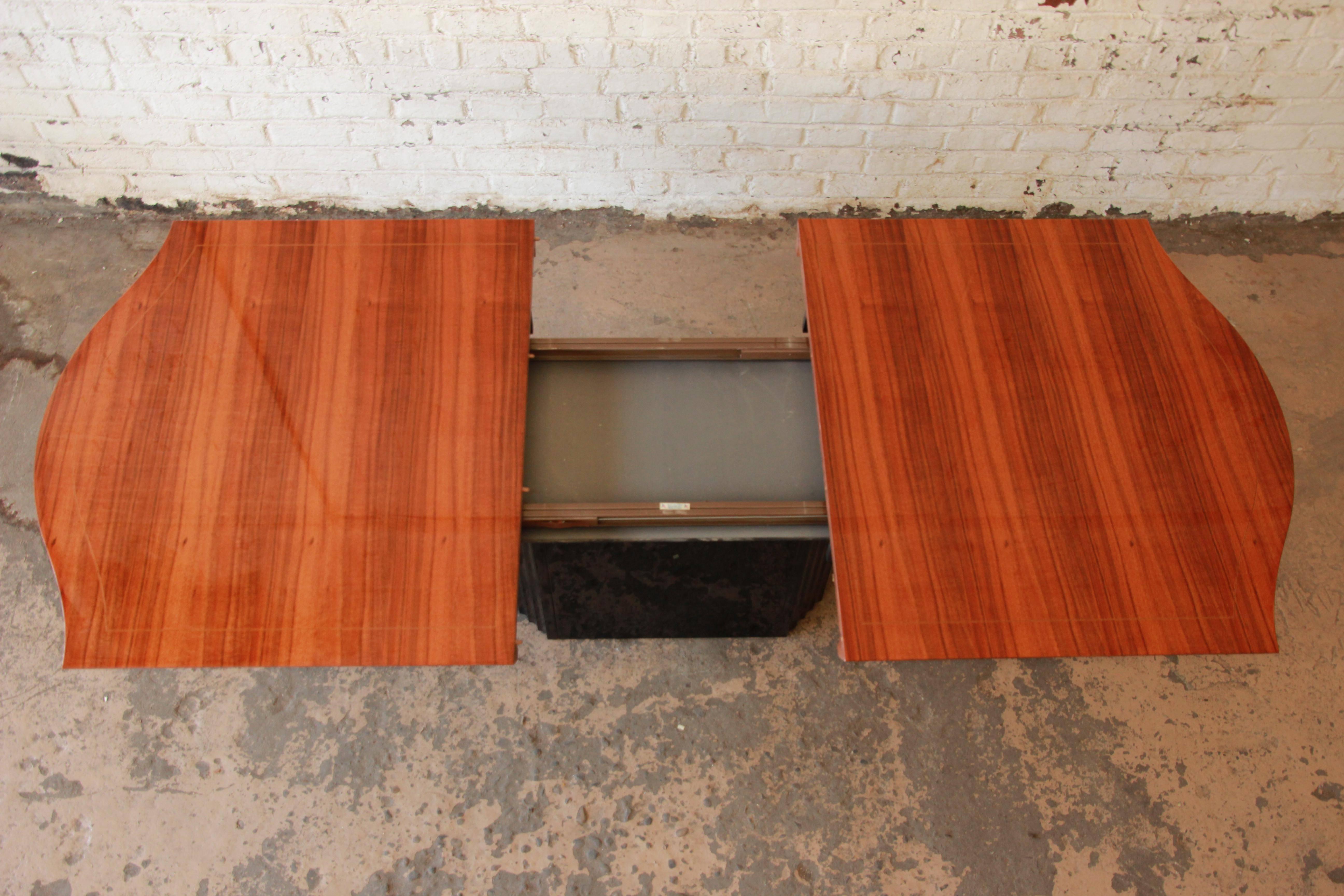 20th Century Henredon Elan Collection Koa Wood and Black Lacquer Pedestal Dining Table