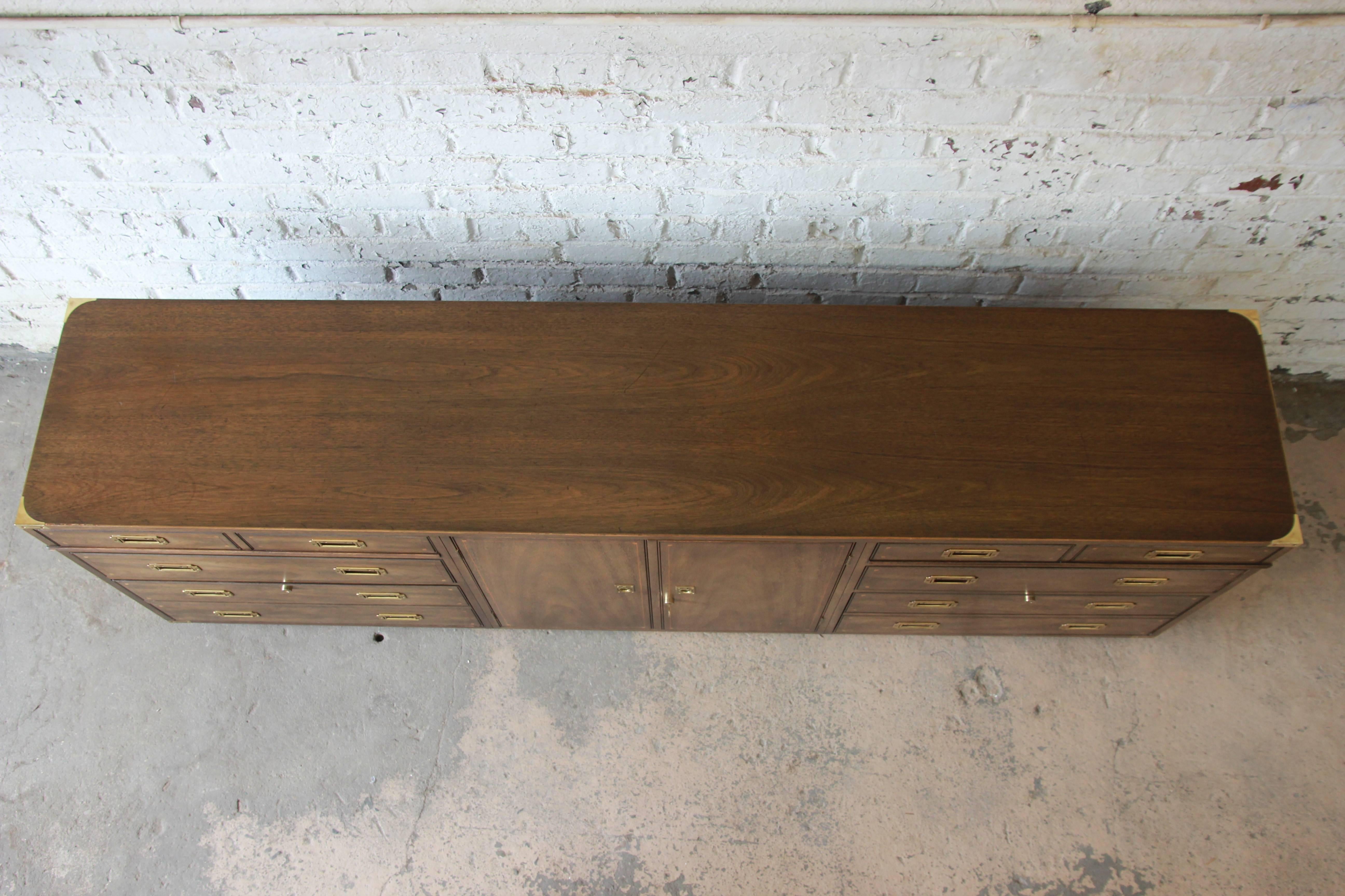 Brass Vintage Kittinger Campaign Style Inlaid Walnut Credenza