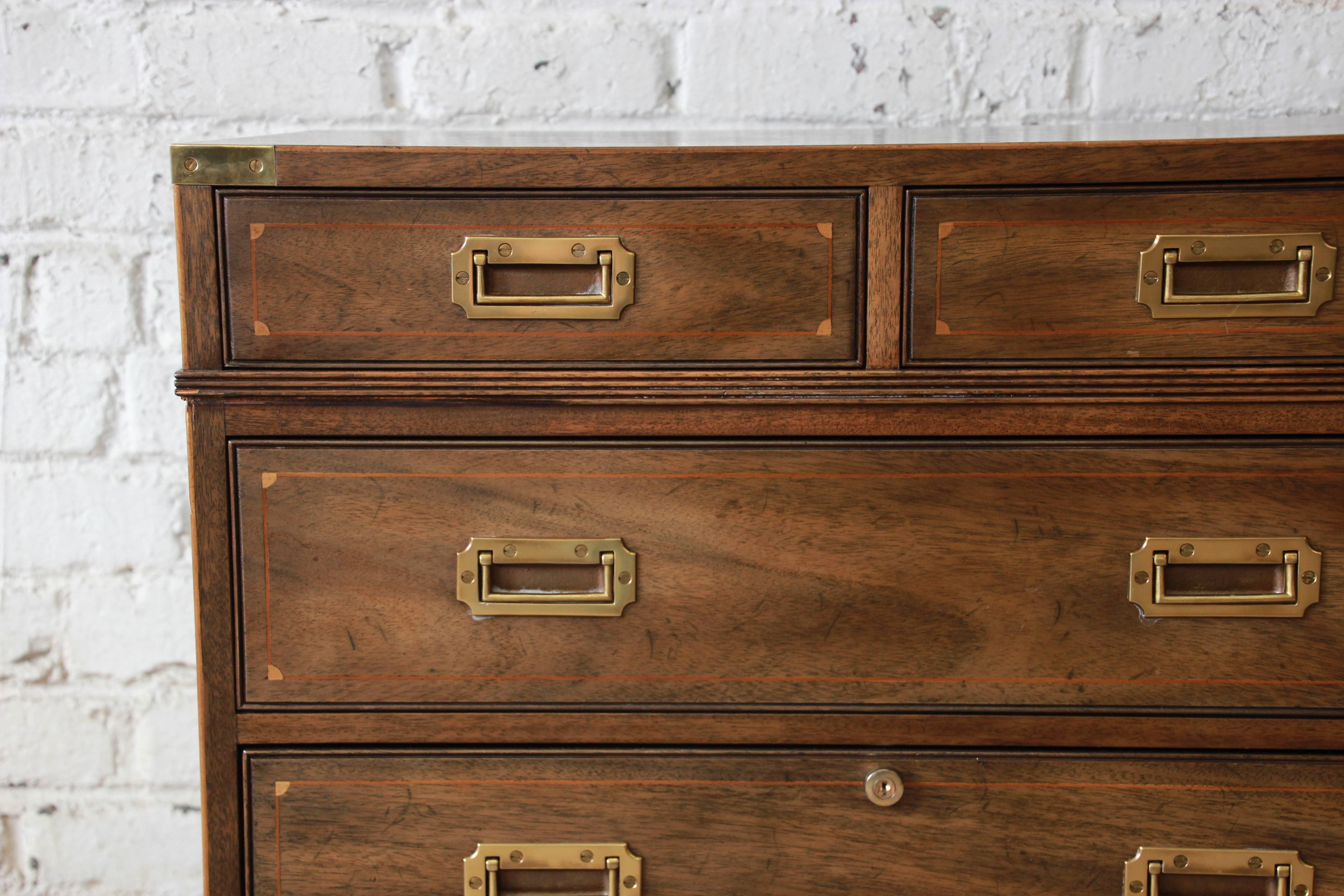 Inlay Vintage Kittinger Campaign Style Inlaid Walnut Credenza