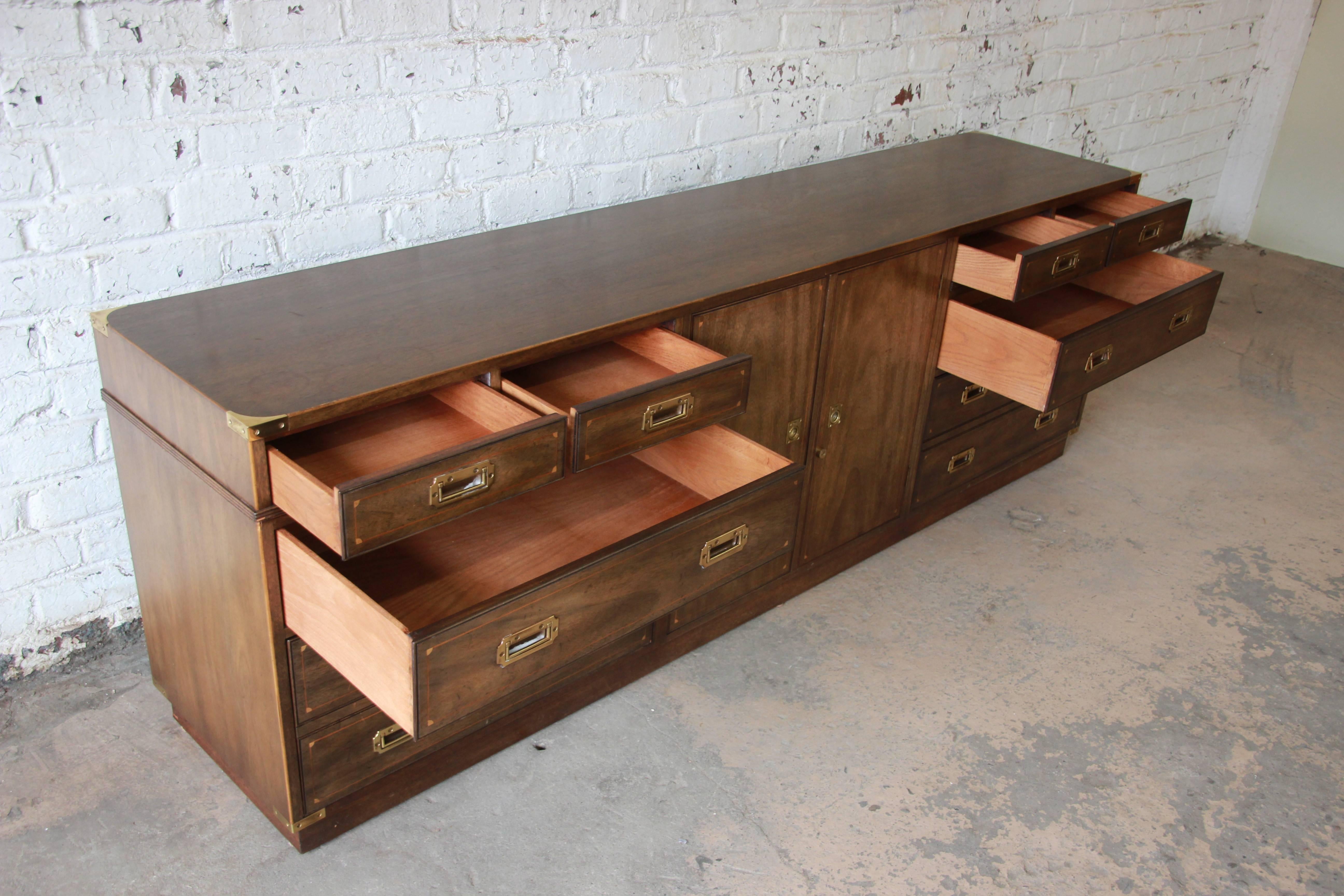 Vintage Kittinger Campaign Style Inlaid Walnut Credenza In Good Condition In South Bend, IN
