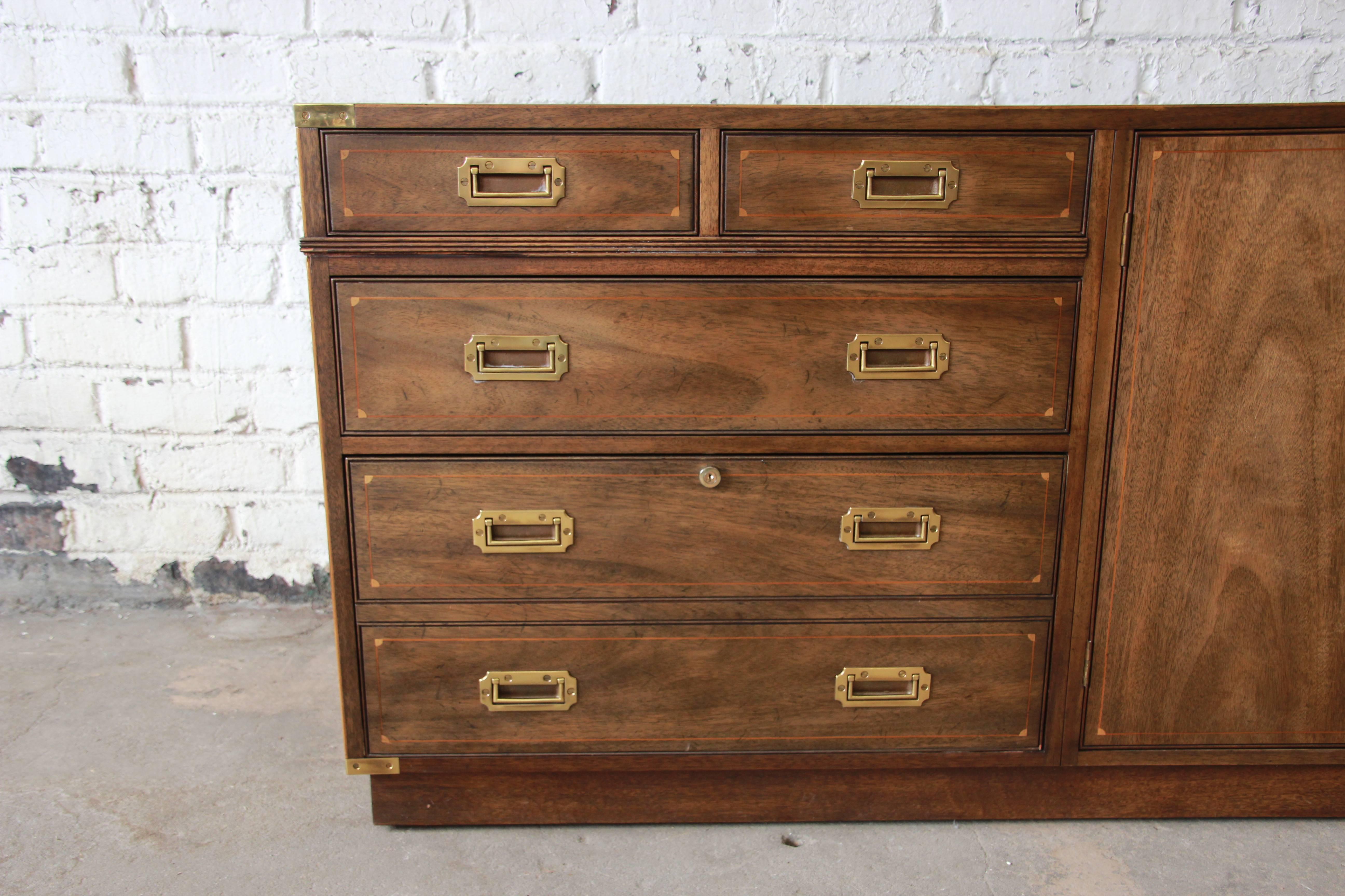 American Vintage Kittinger Campaign Style Inlaid Walnut Credenza