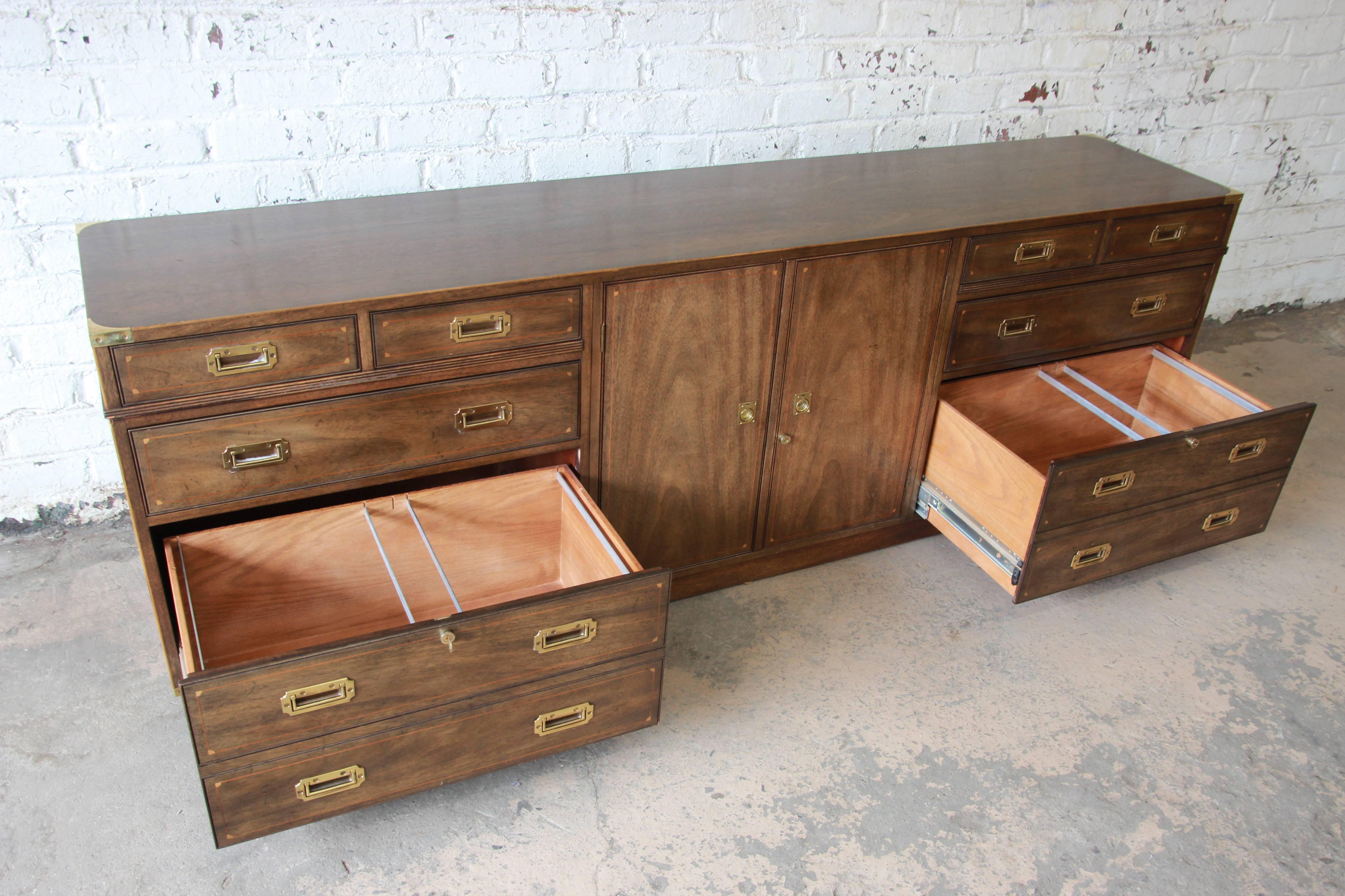 20th Century Vintage Kittinger Campaign Style Inlaid Walnut Credenza