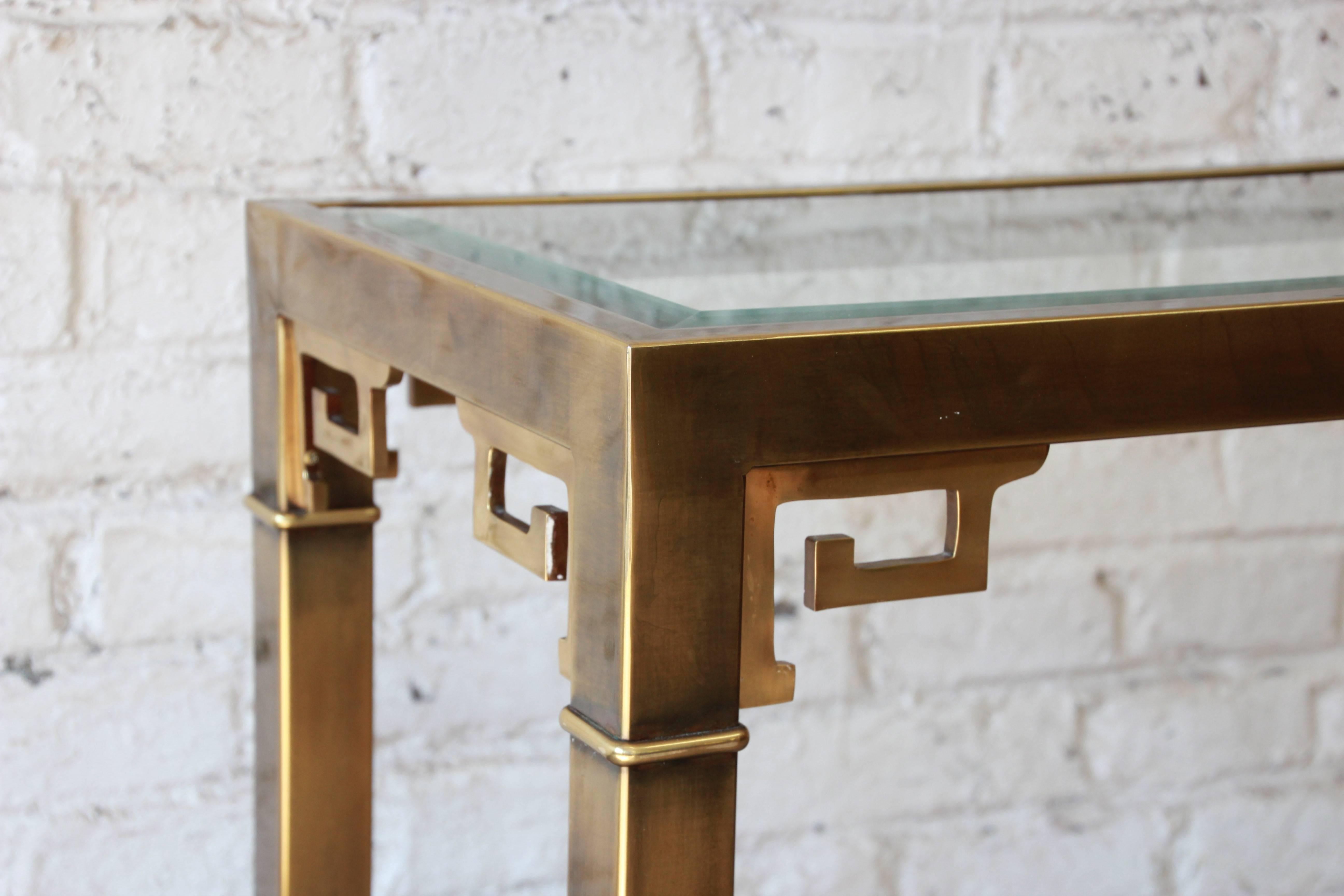 Italian Brass and Glass Greek Key Console Table by Mastercraft
