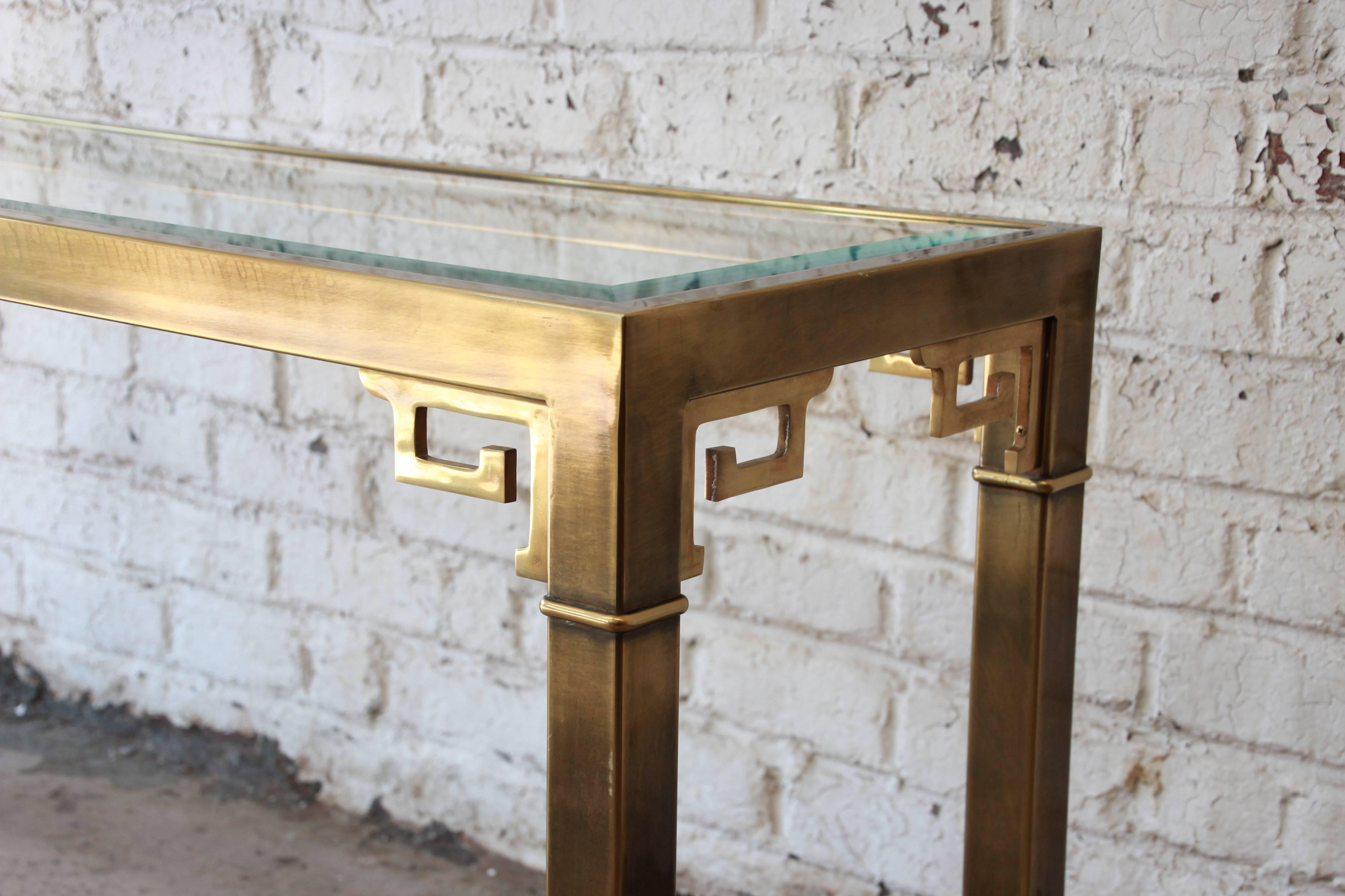 Brass and Glass Greek Key Console Table by Mastercraft In Good Condition In South Bend, IN