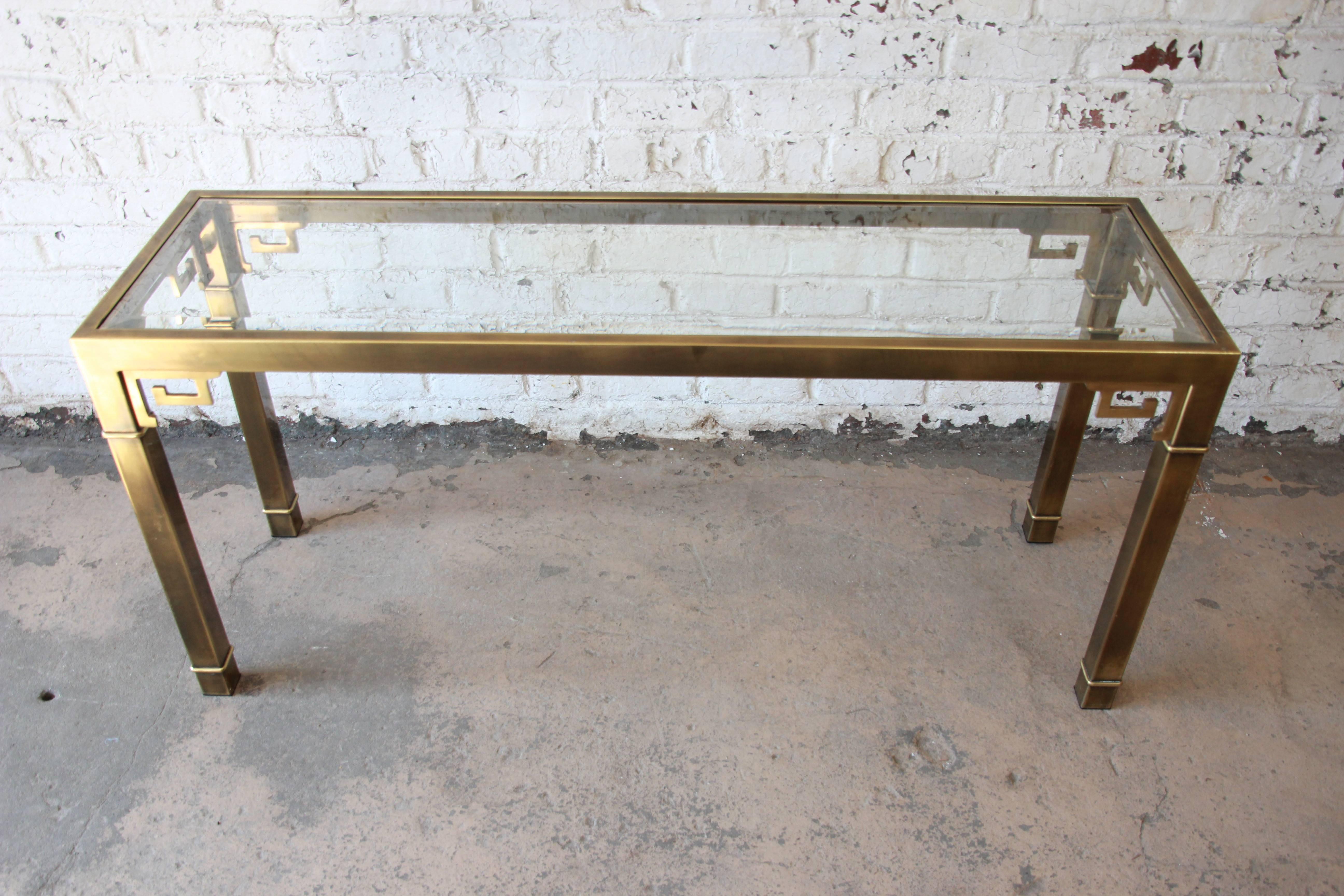 Chinoiserie Brass and Glass Greek Key Console Table by Mastercraft