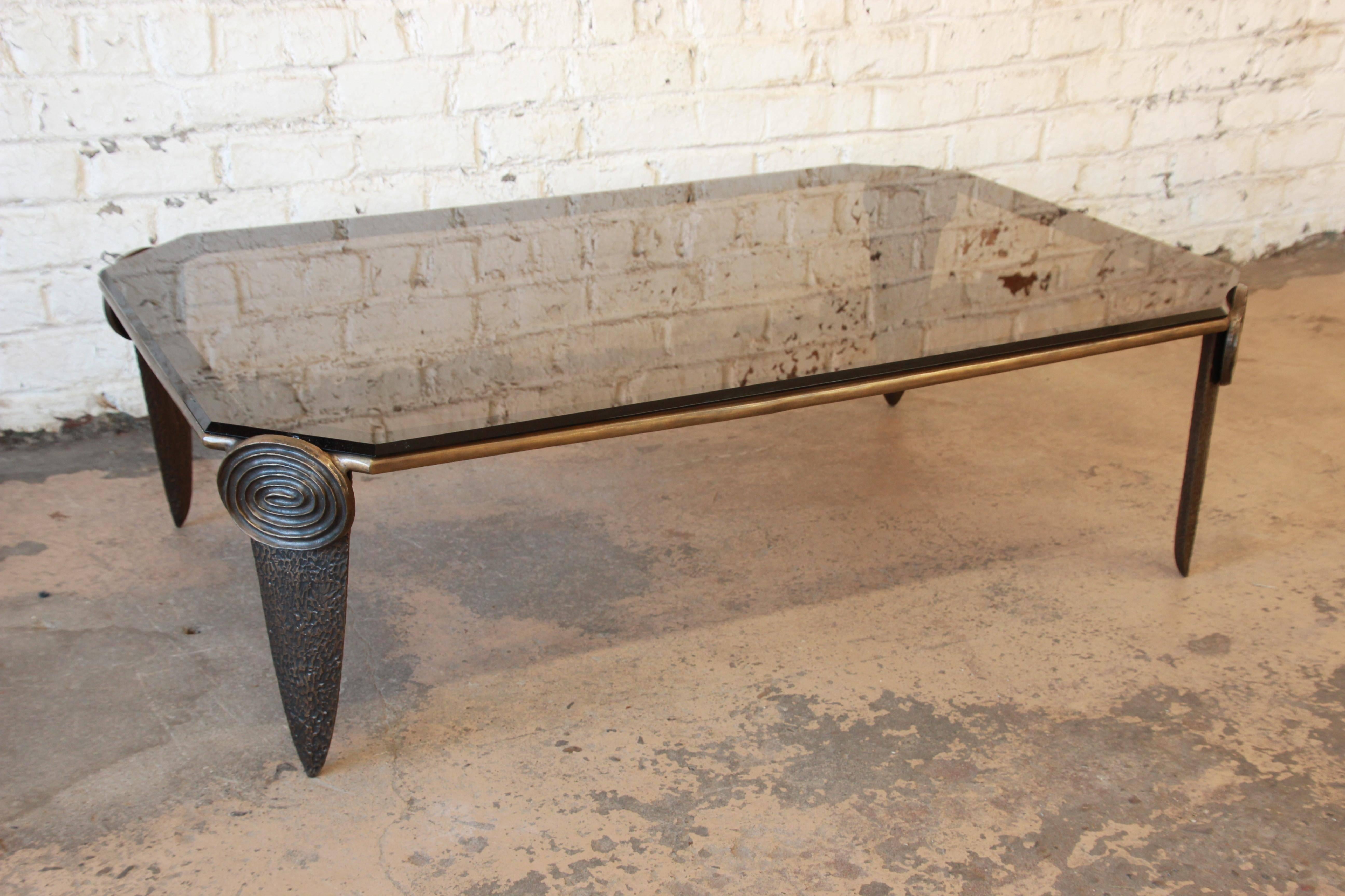 Brutalist Style Bronze and Smoked Glass Coffee Table In Good Condition In South Bend, IN
