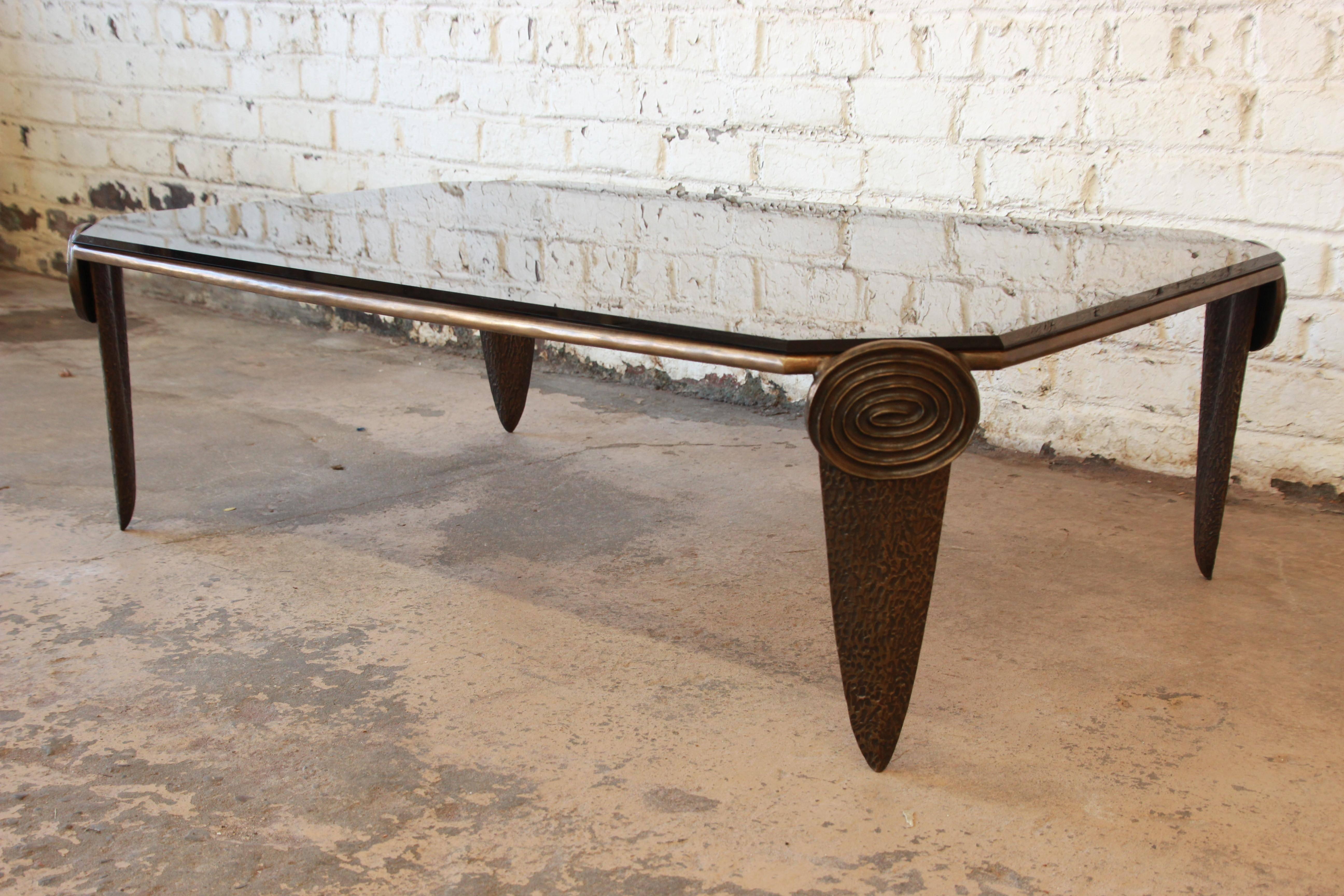 20th Century Brutalist Style Bronze and Smoked Glass Coffee Table