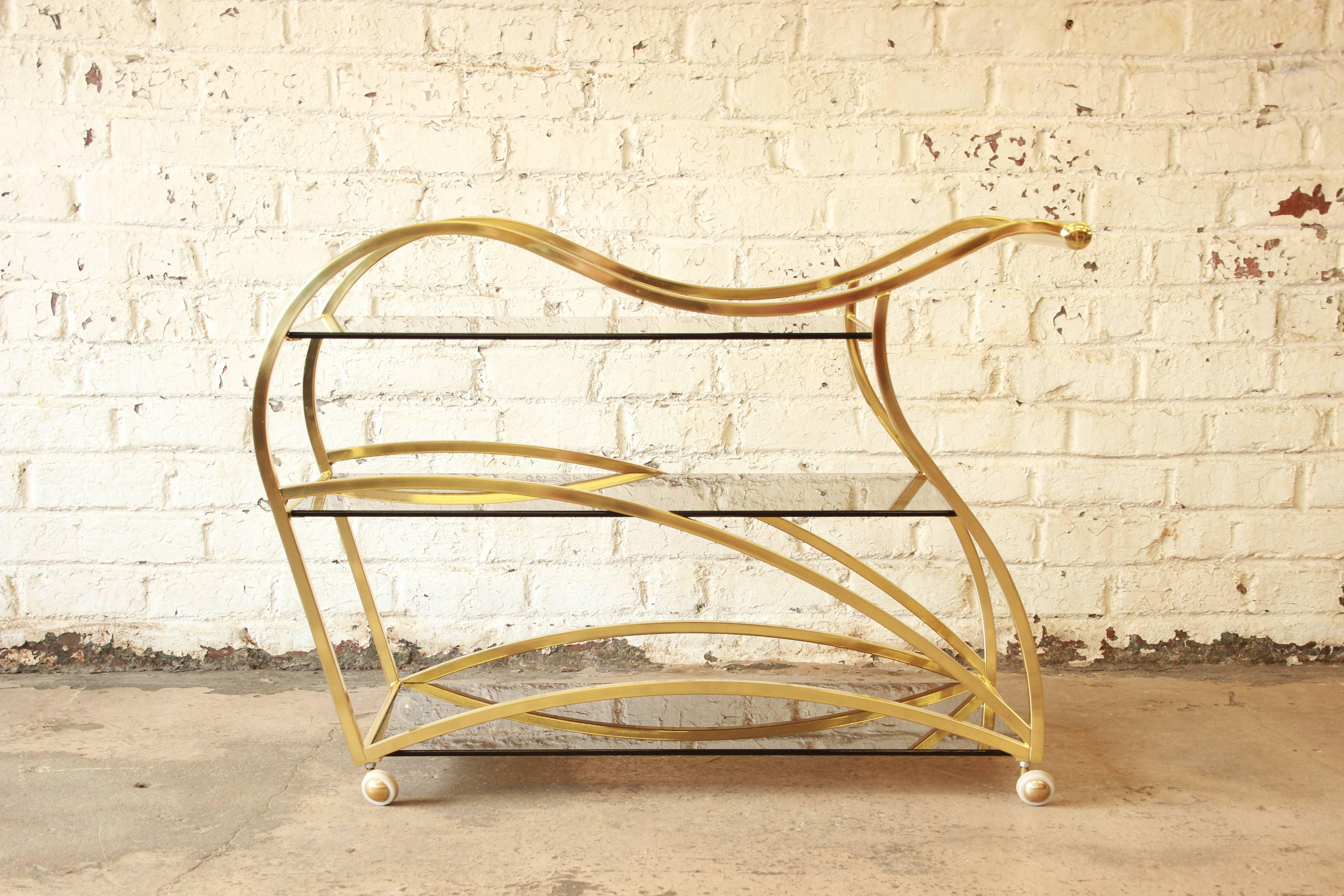 American Milo Baughman Style Modern Brass and Glass Bar or Tea Cart by DIA