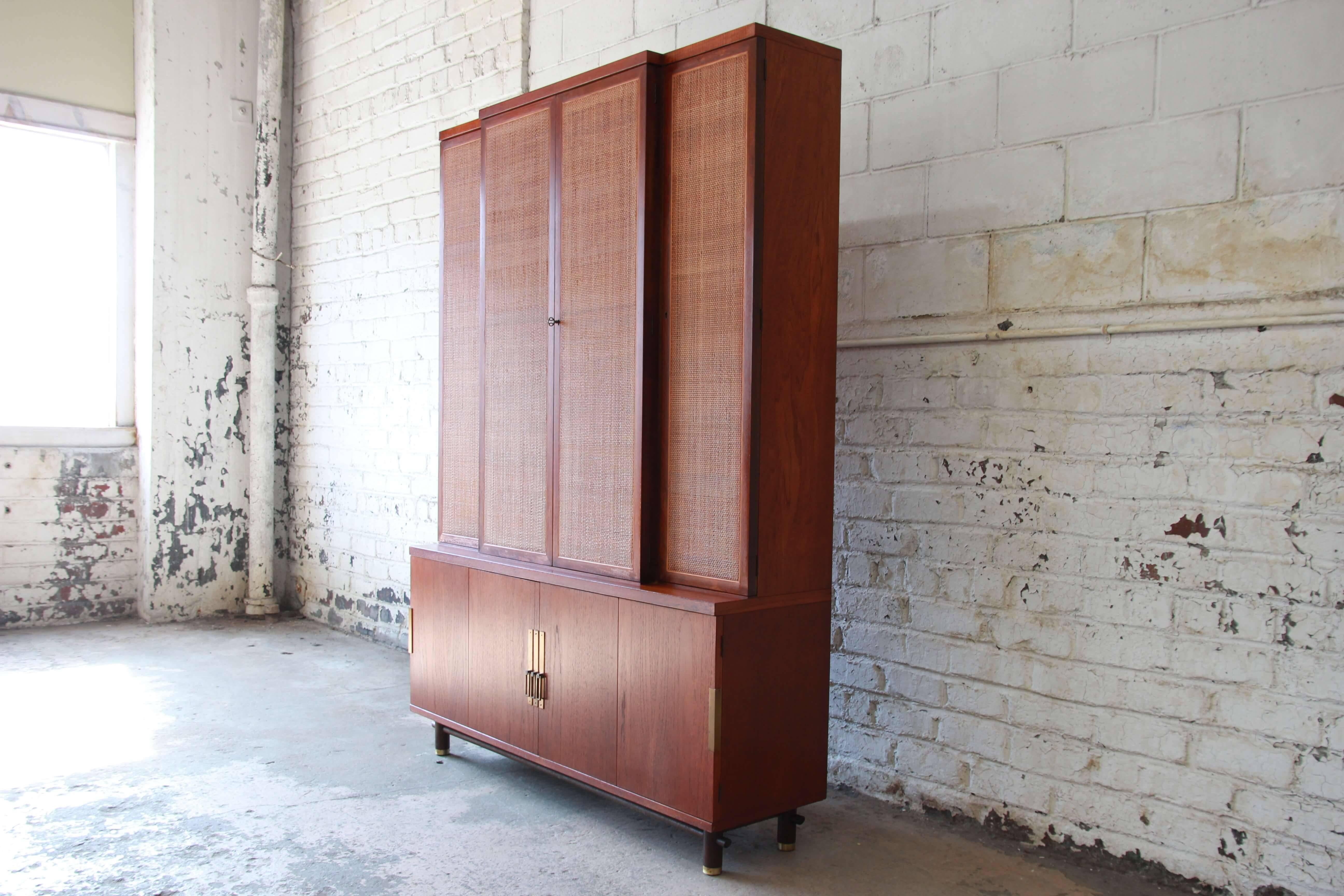 North American Baker Furniture Mid-Century Woven Front Wall Unit