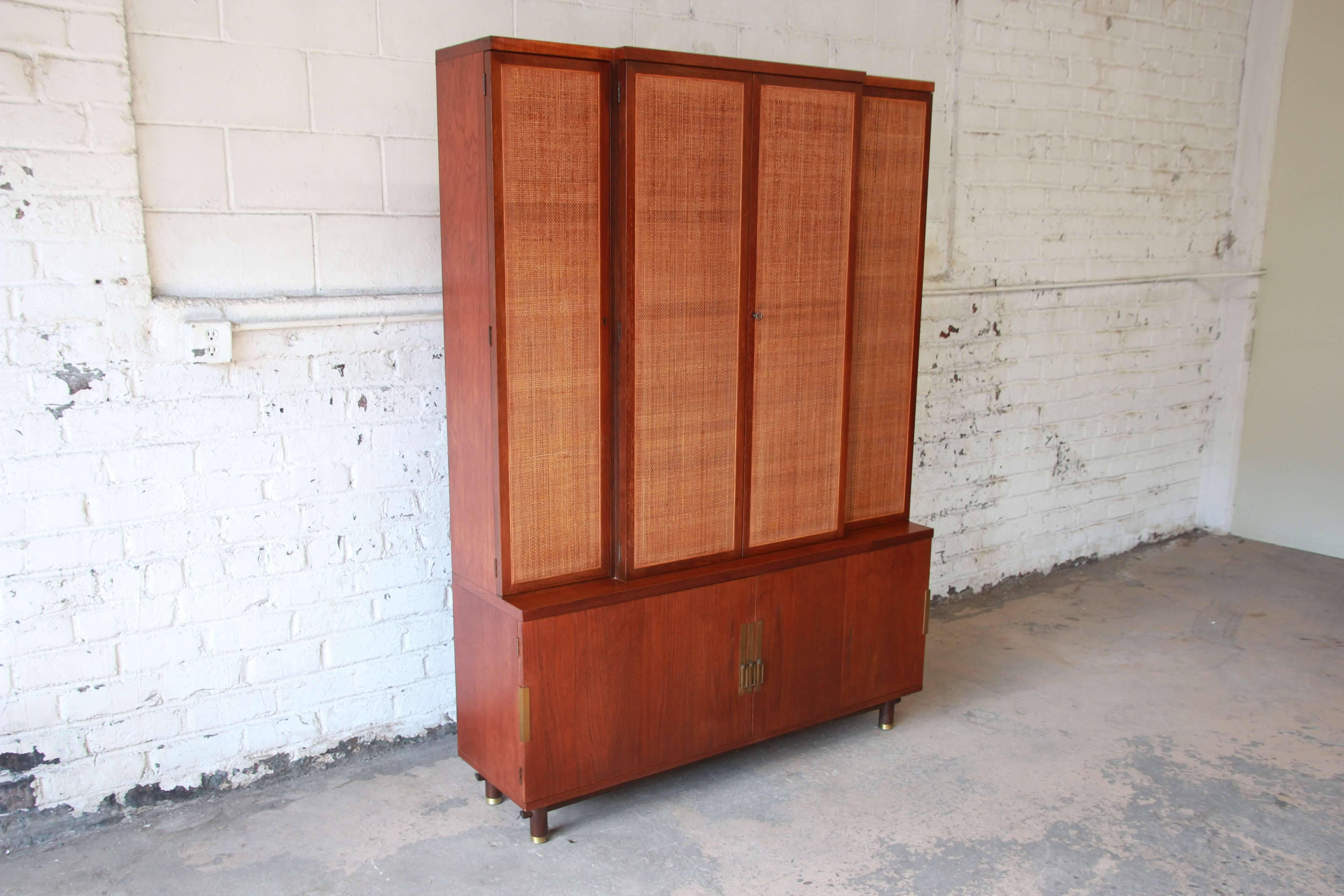 Baker Furniture Mid-Century Woven Front Wall Unit In Good Condition In South Bend, IN