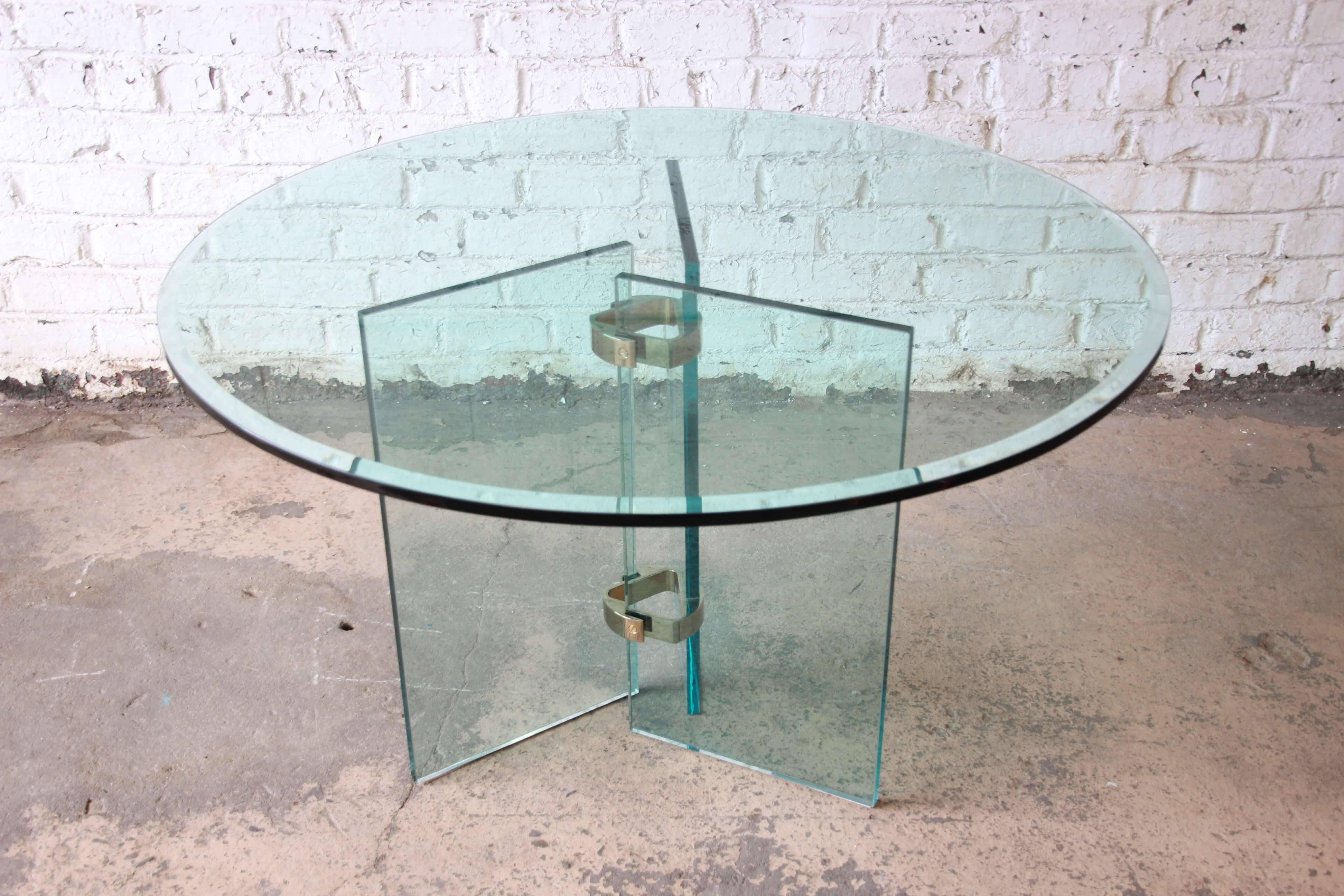 1970s Brass and Glass Round Dining Table In Good Condition In South Bend, IN