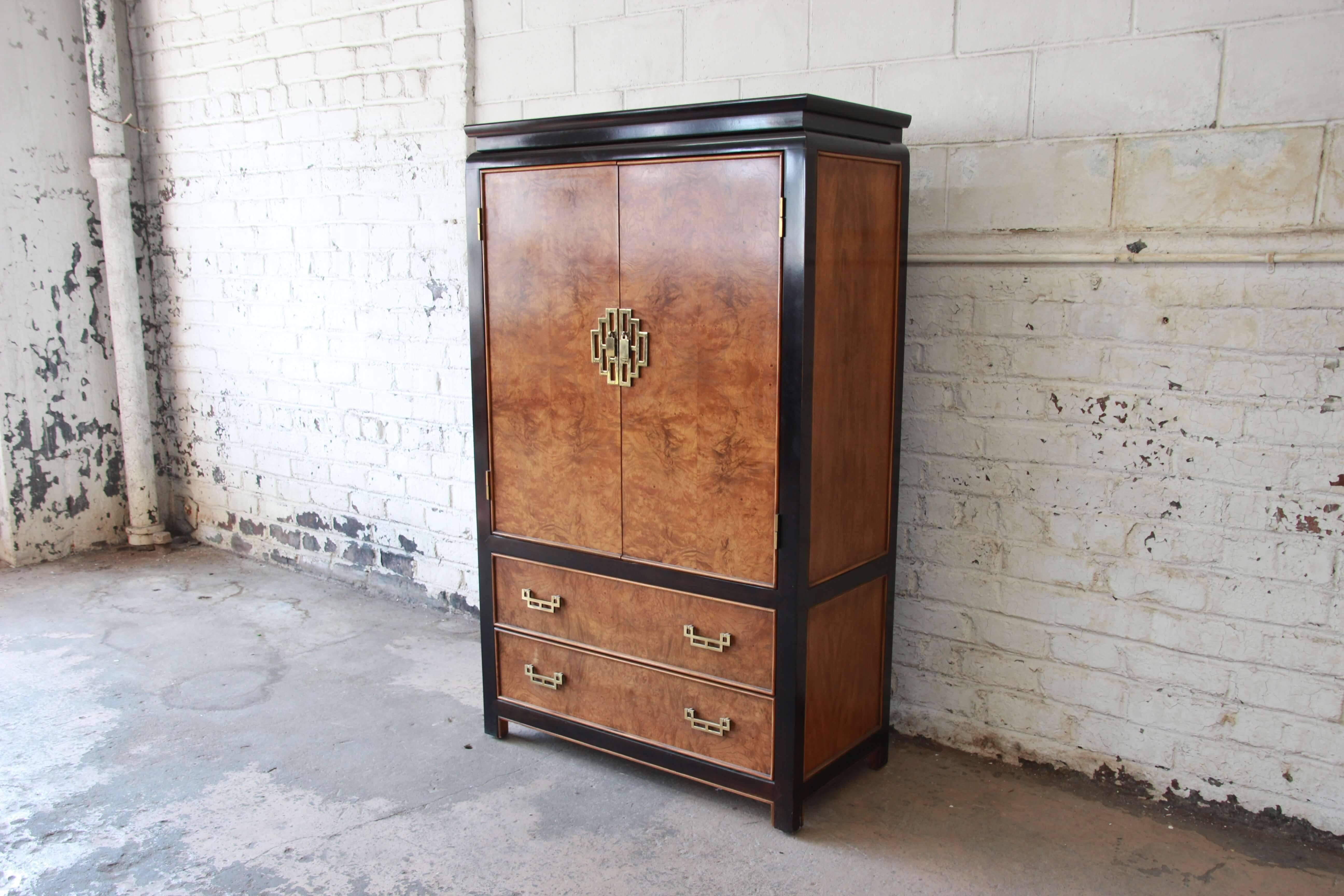 Late 20th Century Century Furniture Burl Wood and Black Lacquer Chin Hua Chinoiserie Chest