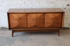 Vladimir Kagan Style Diamond Front Walnut Long Dresser by United