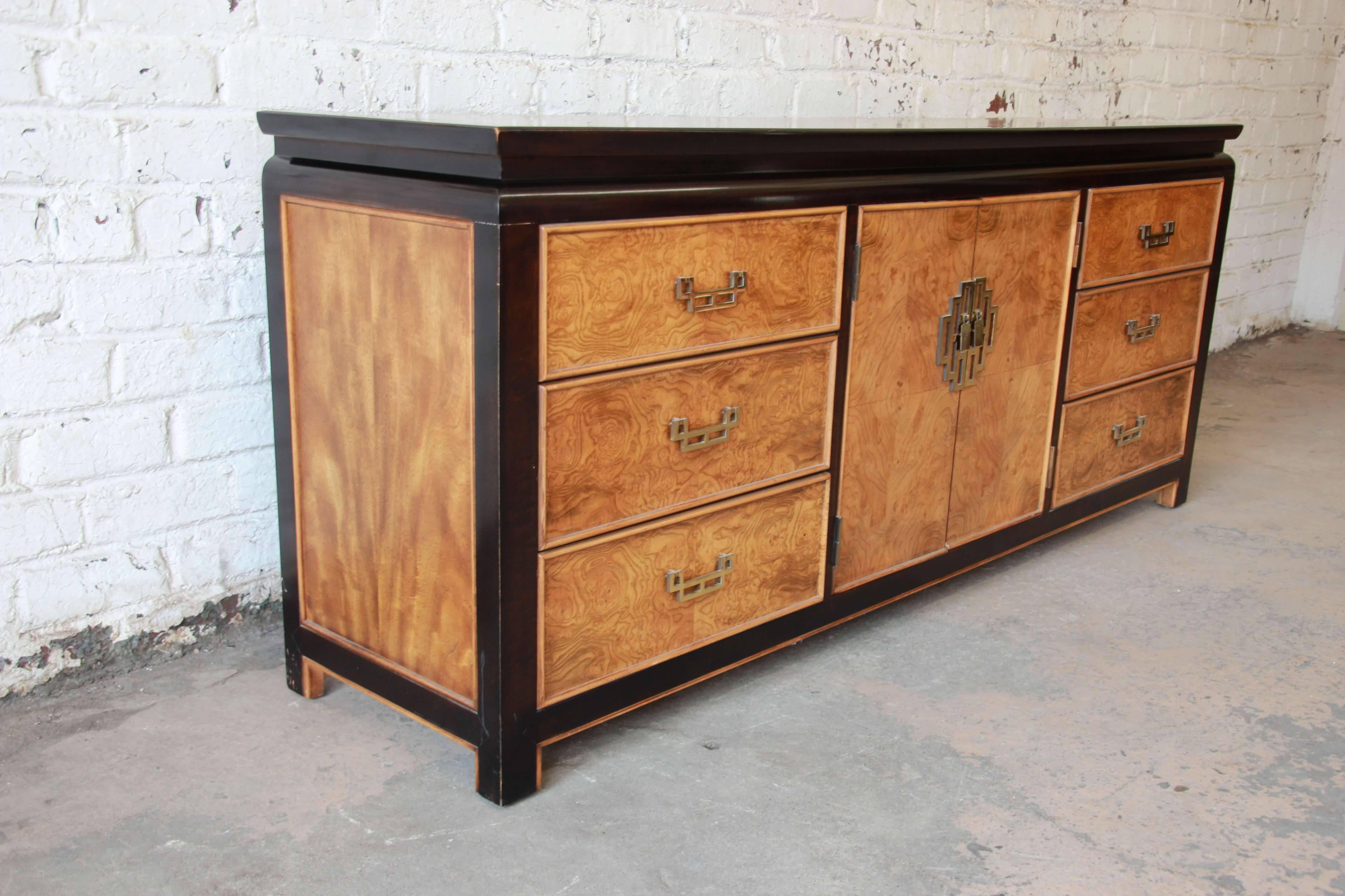 Late 20th Century Century Furniture Burl Wood and Black Lacquer Chin Hua Chinoiserie Long Dresser