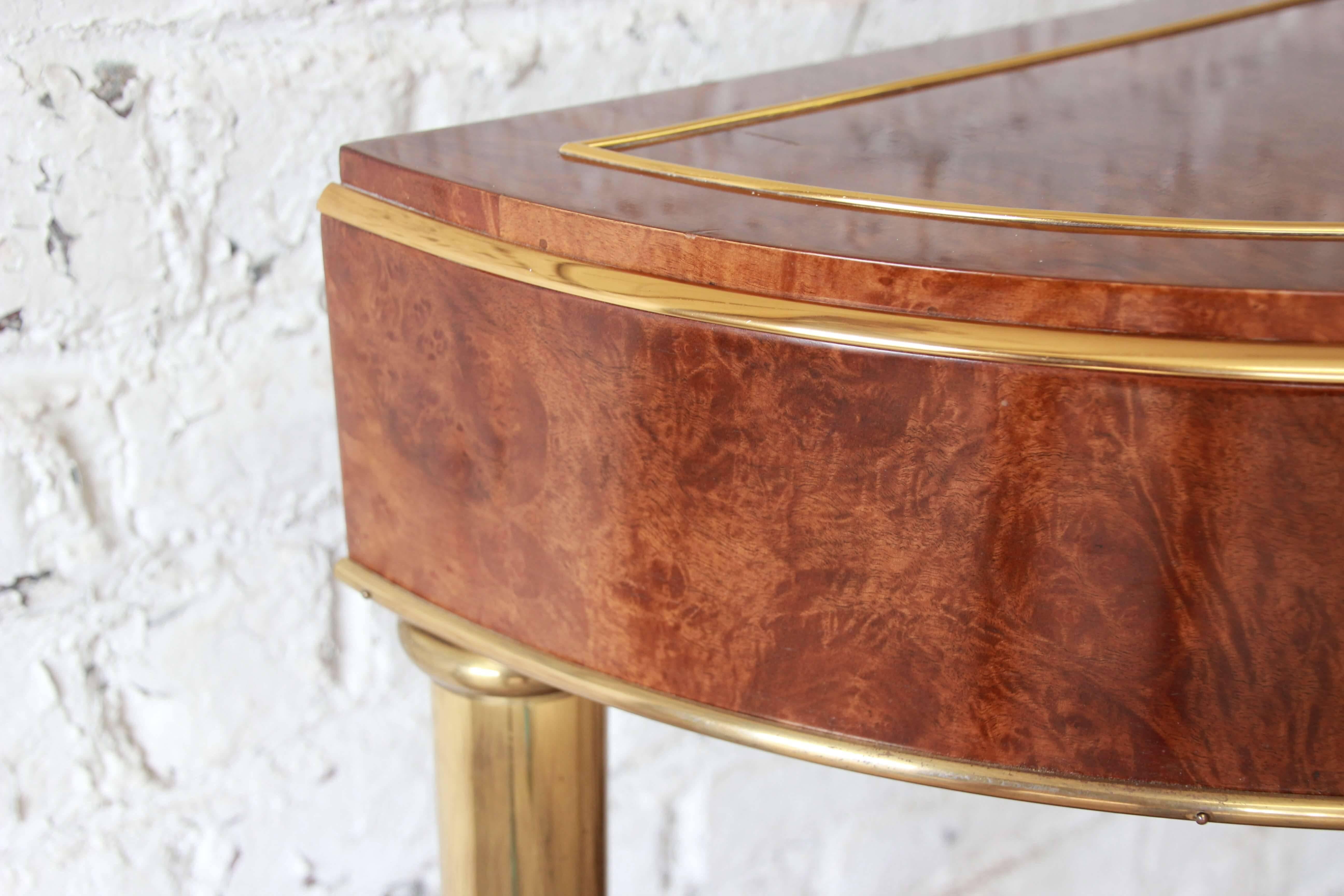 Late 20th Century Mastercraft Burl Wood and Brass Demilune Console Table
