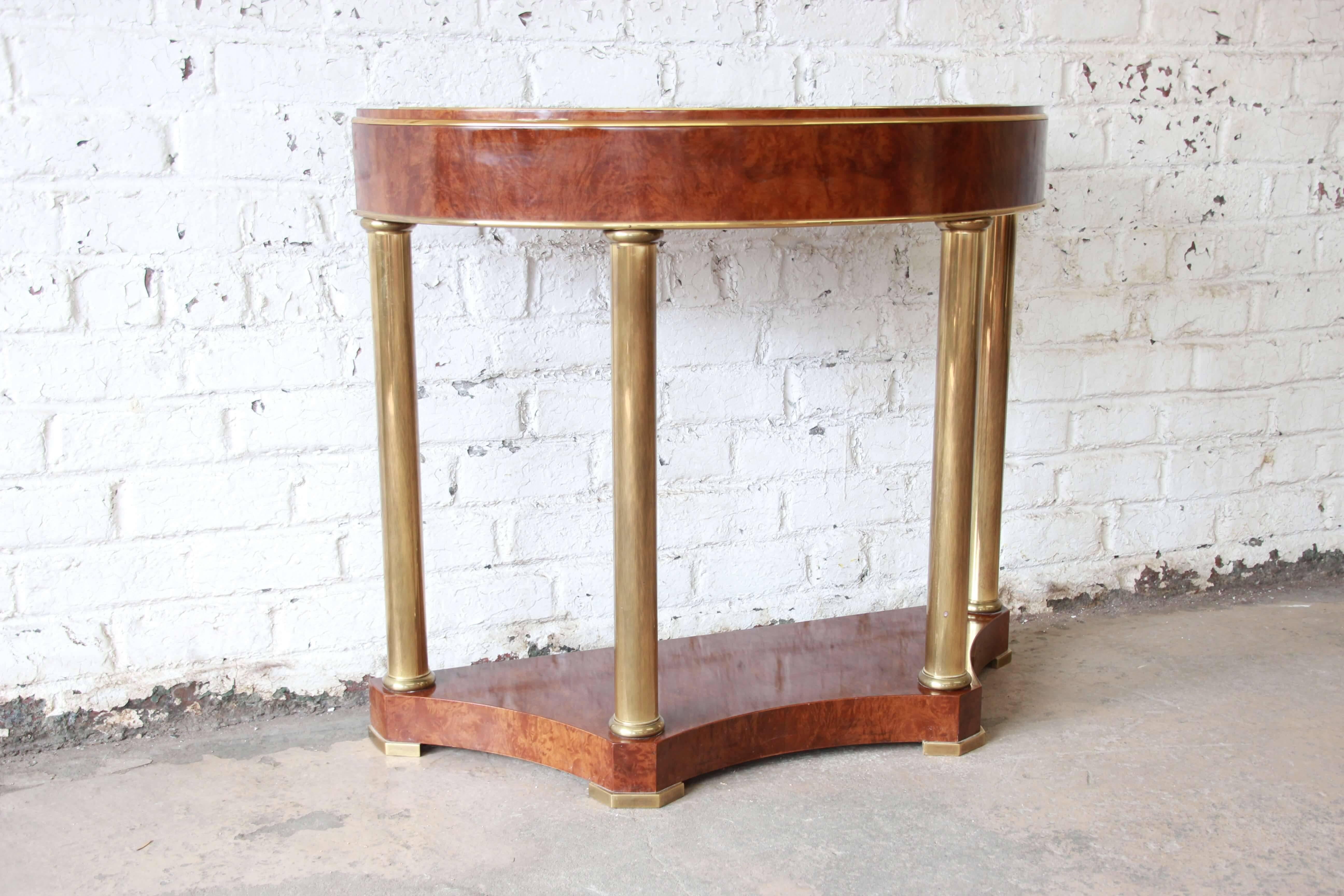 Hollywood Regency Mastercraft Burl Wood and Brass Demilune Console Table