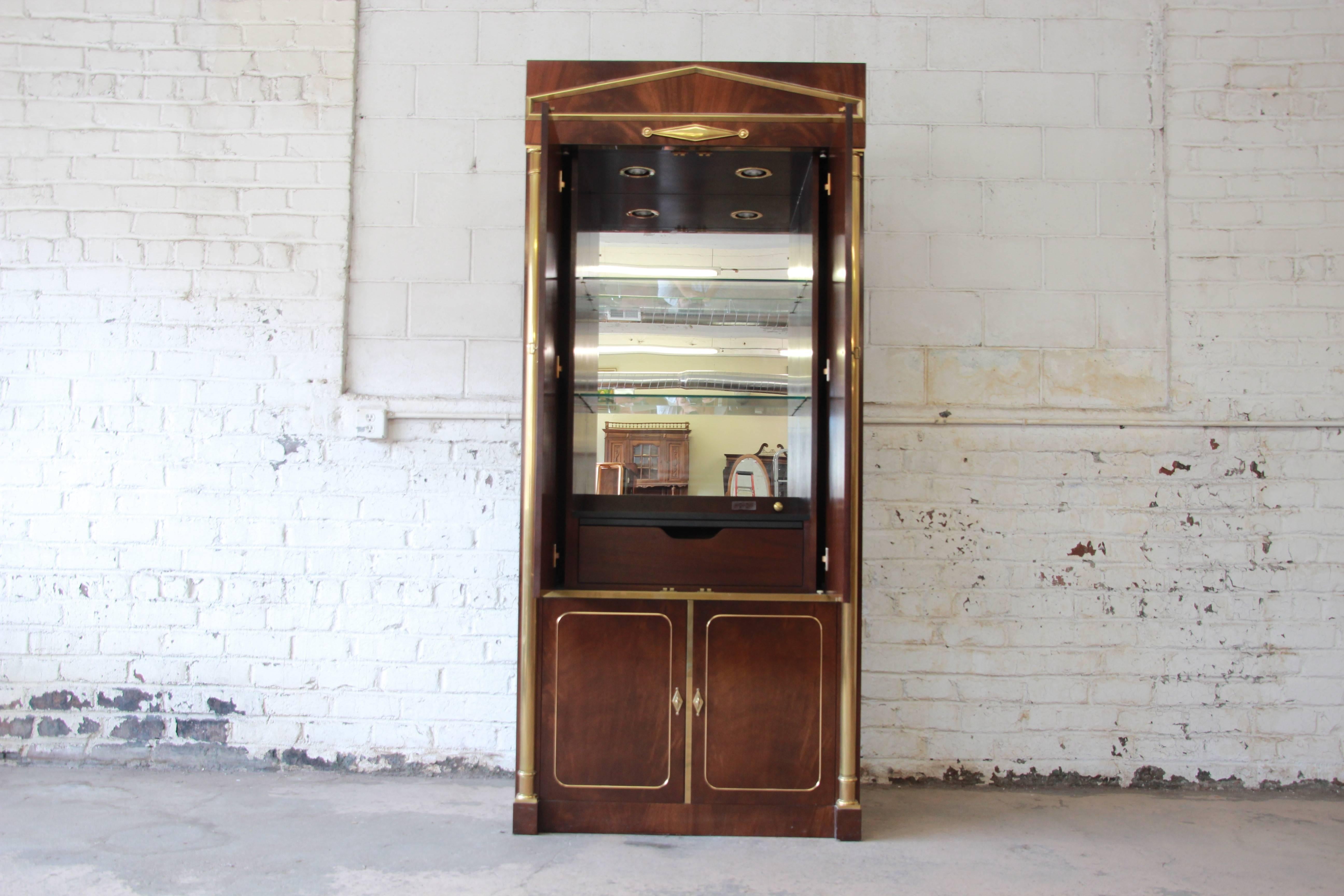 Late 20th Century Mastercraft Burl Wood and Brass Lighted Bar Cabinet