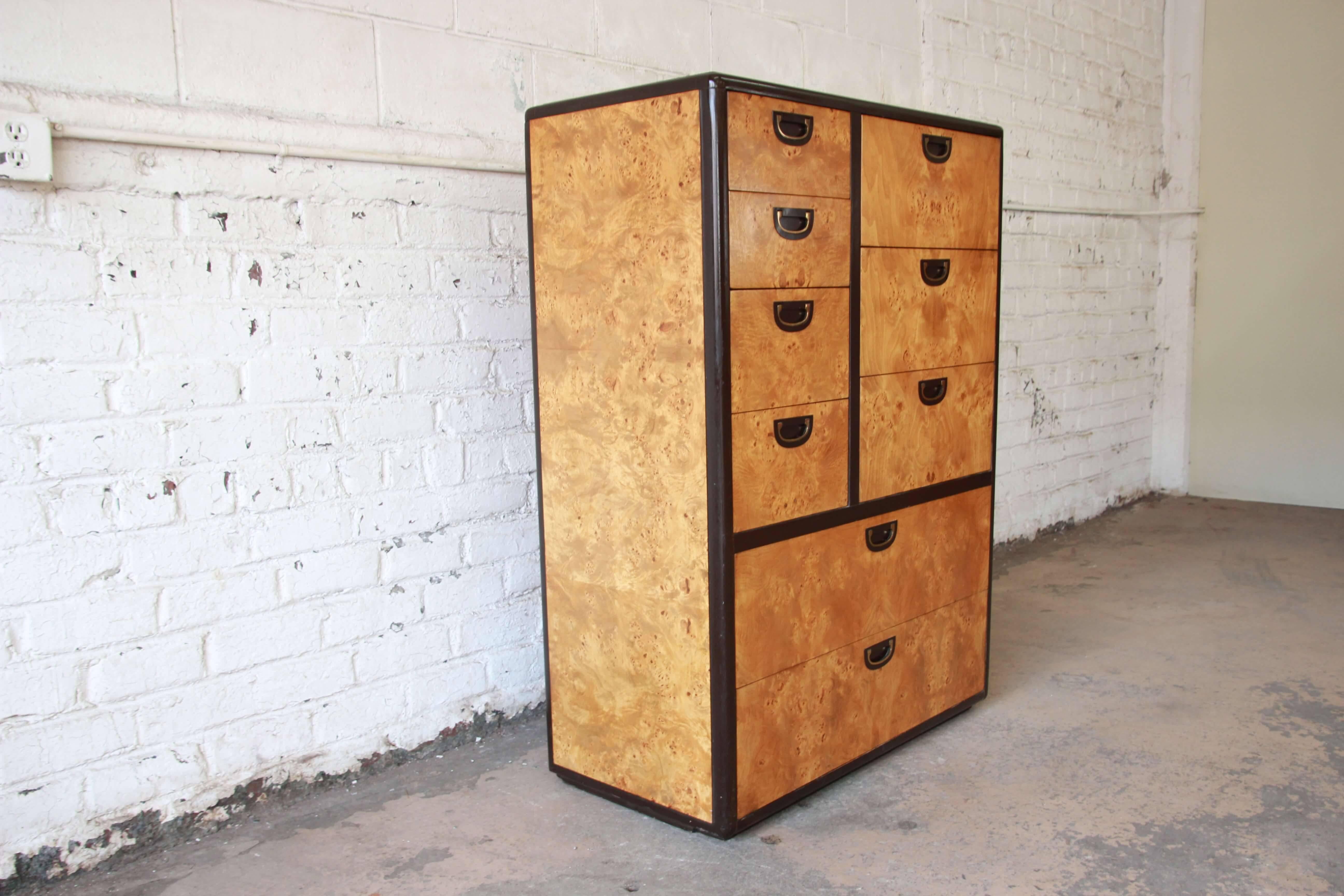 Mid-Century Modern Milo Baughman Style Nine-Drawer Burled Olive Wood Gentleman's Chest