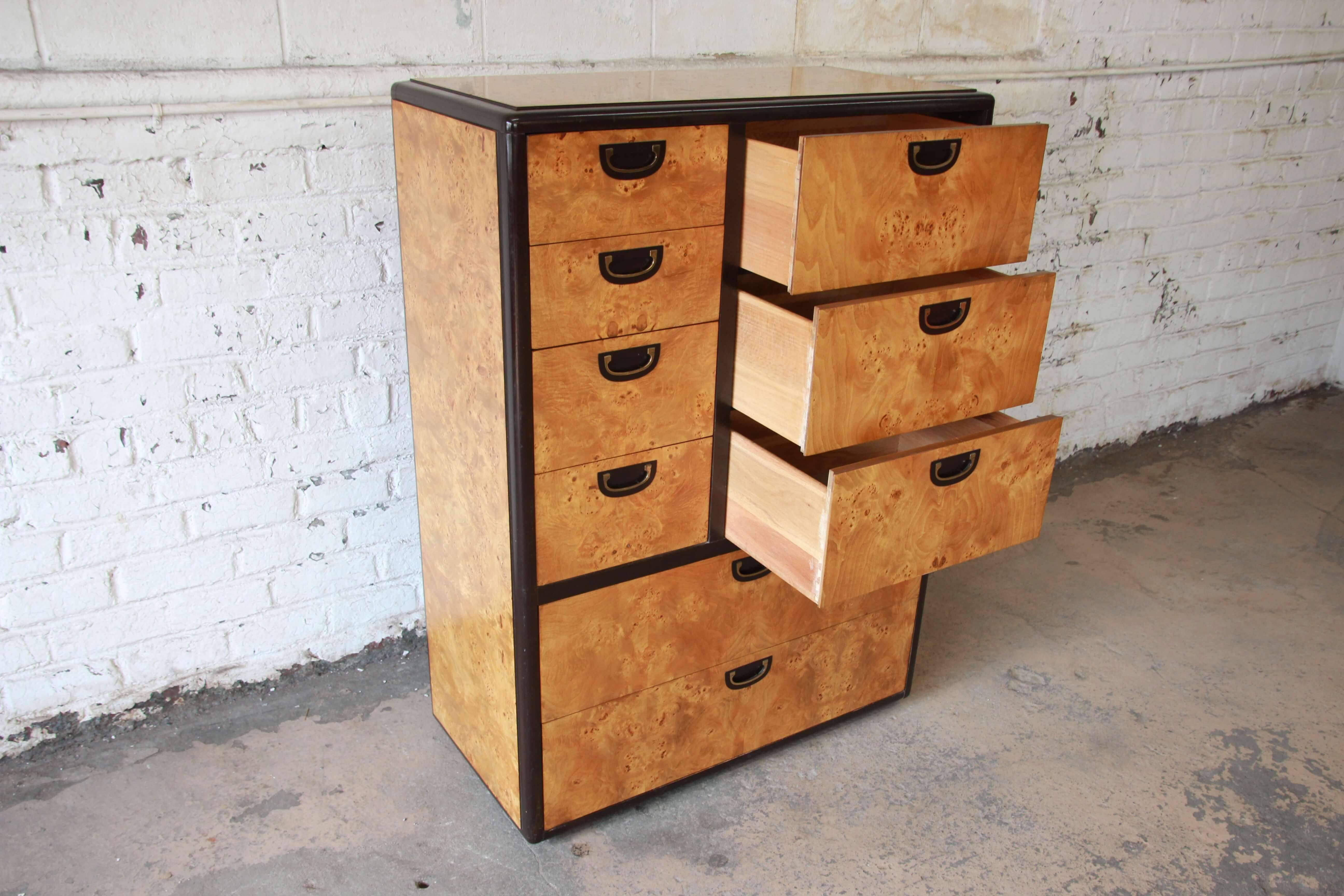Milo Baughman Style Nine-Drawer Burled Olive Wood Gentleman's Chest In Good Condition In South Bend, IN