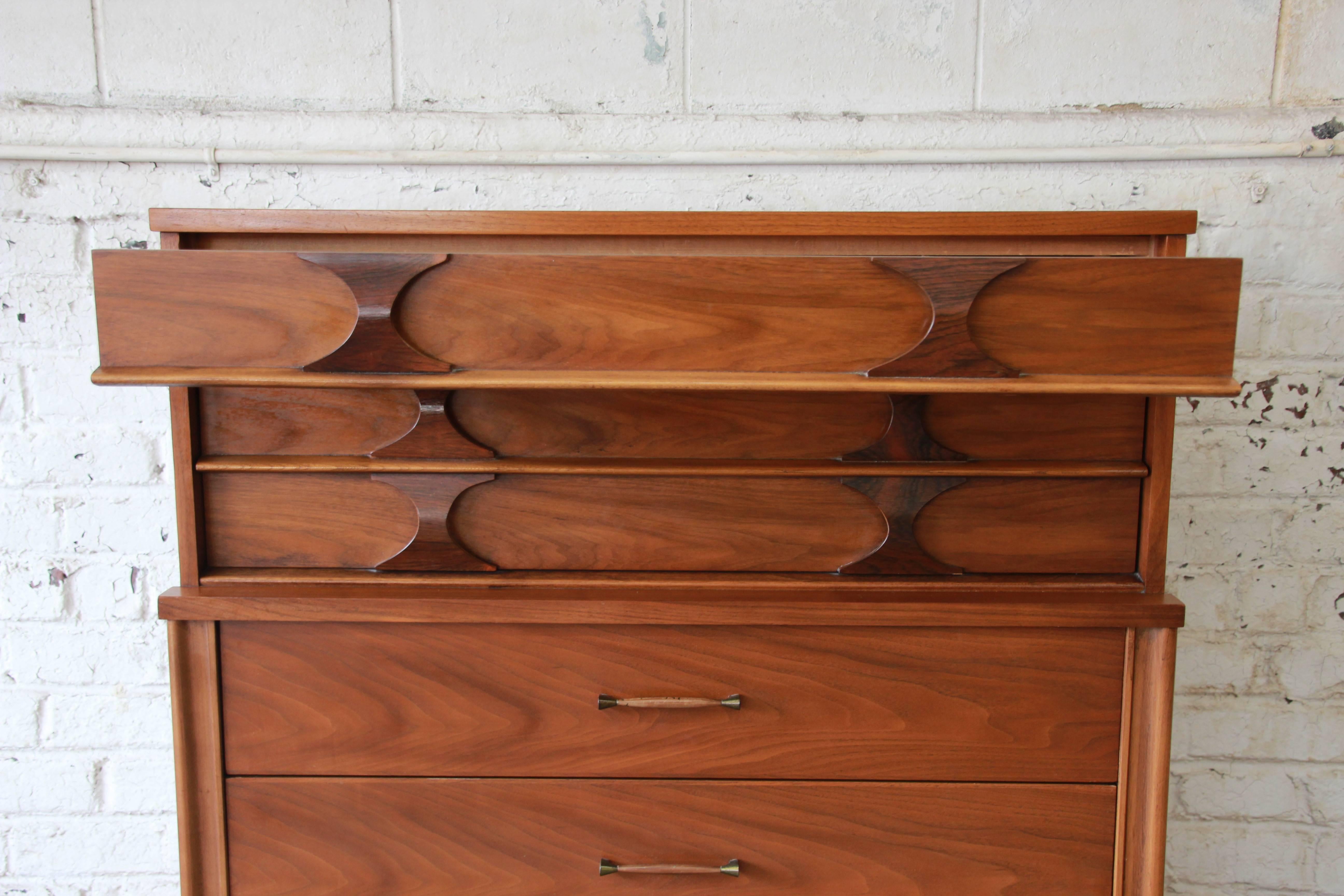 Mid-20th Century Kent Coffey Perspecta Mid-Century Sculpted Walnut and Rosewood Highboy Dresser