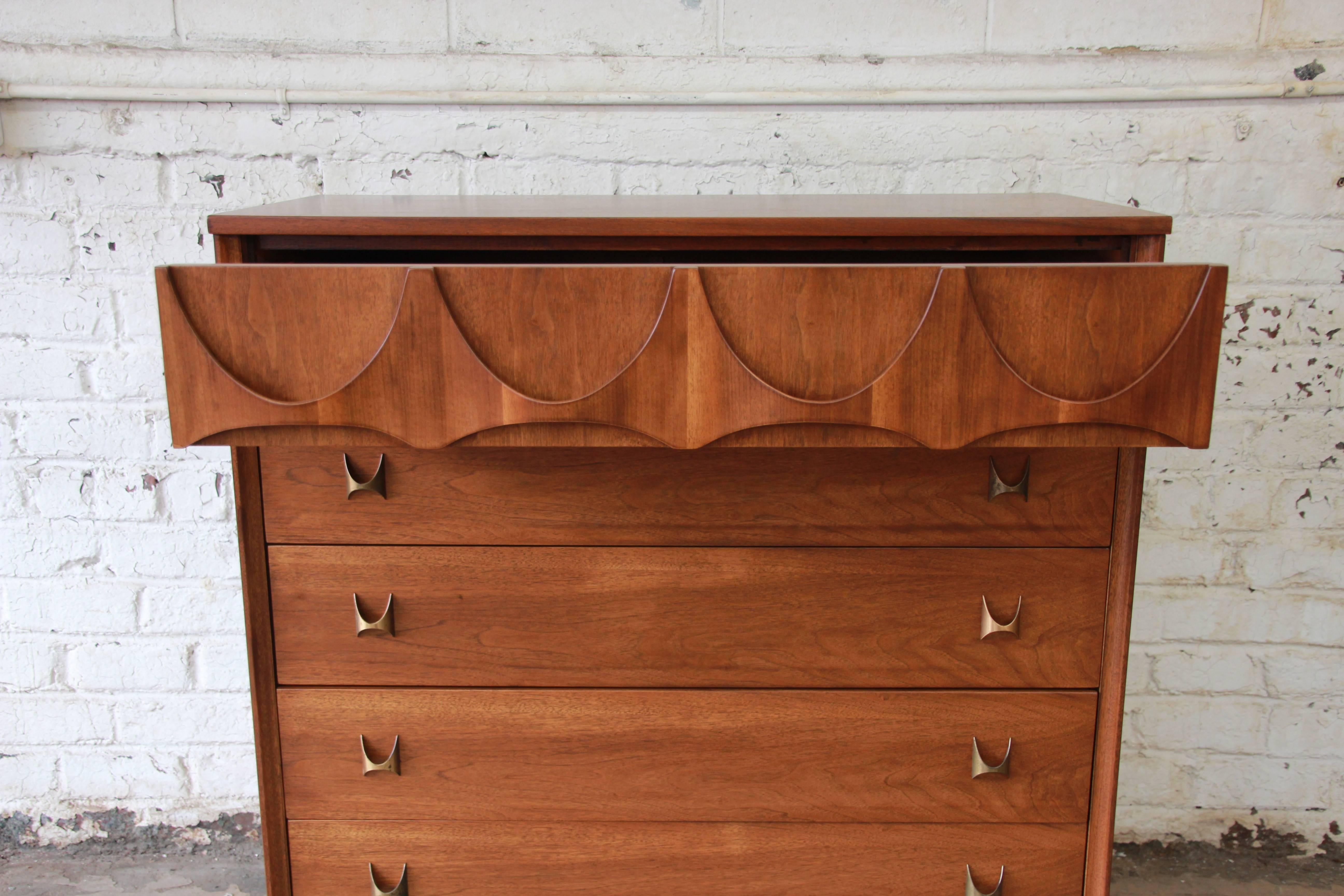 American Broyhill Brasilia Mid-Century Modern Sculpted Walnut Highboy Dresser