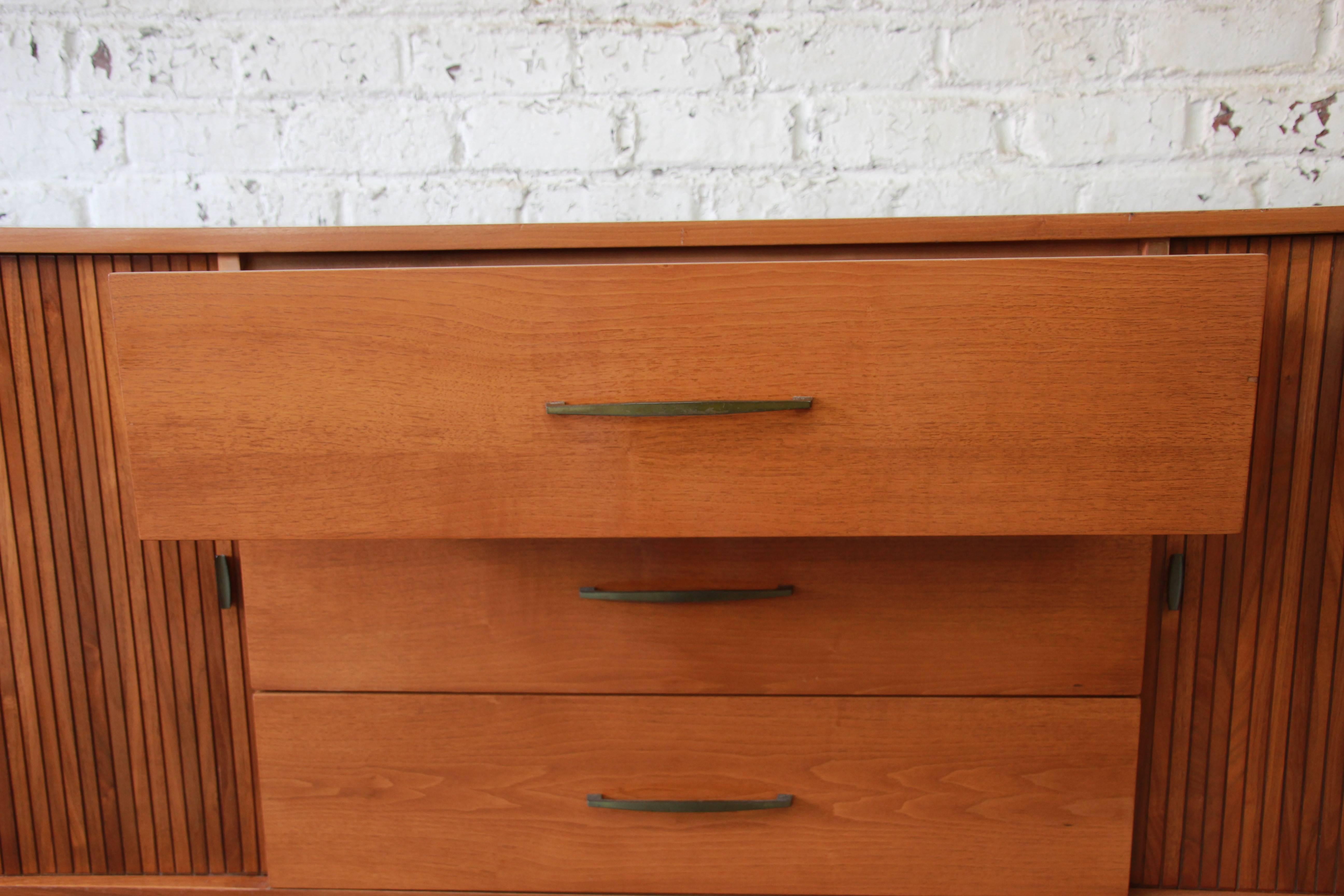 Mid-Century Modern Tambour Door Sideboard Credenza with Glass Front Hutch Top 1