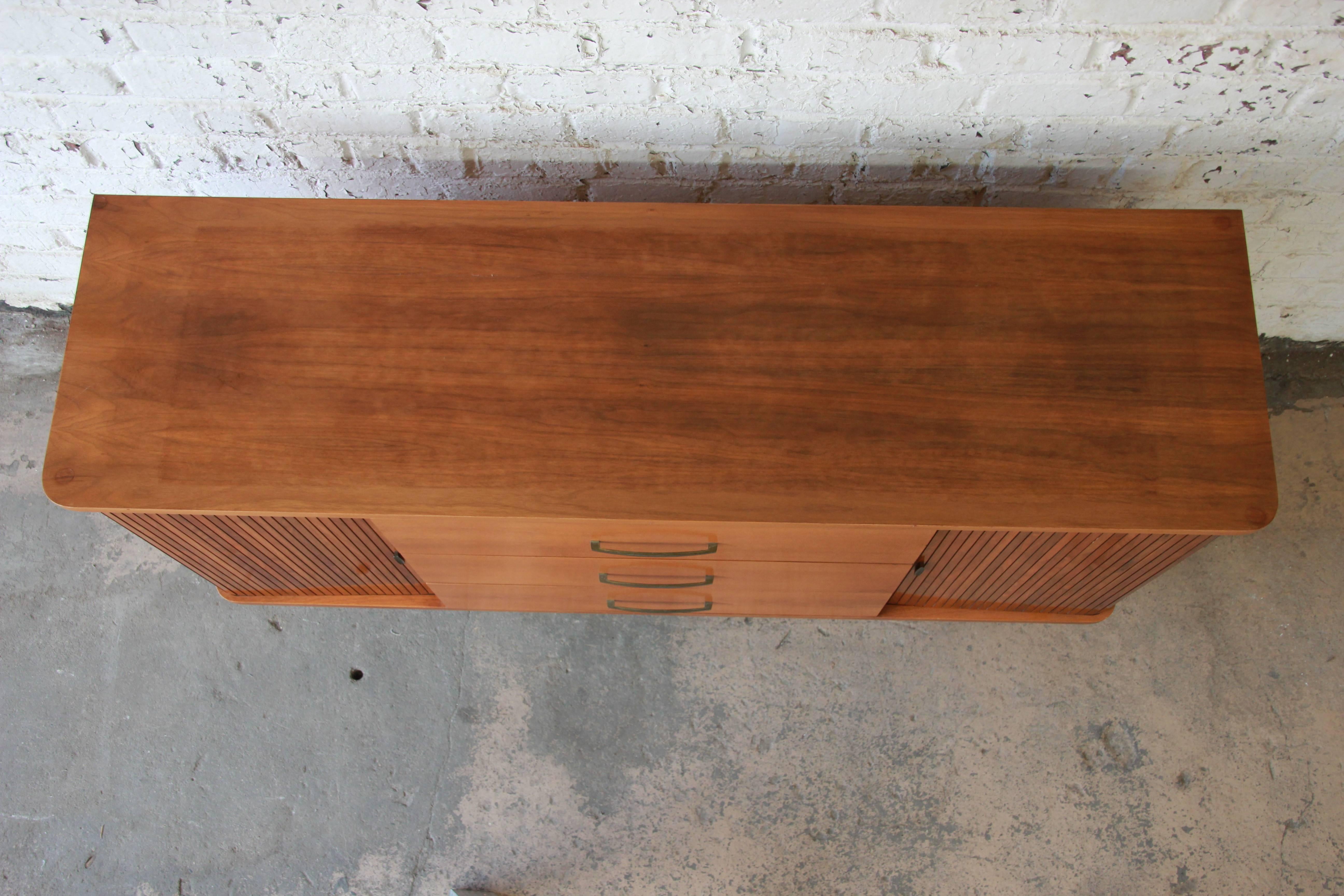 Walnut Mid-Century Modern Tambour Door Sideboard Credenza with Glass Front Hutch Top