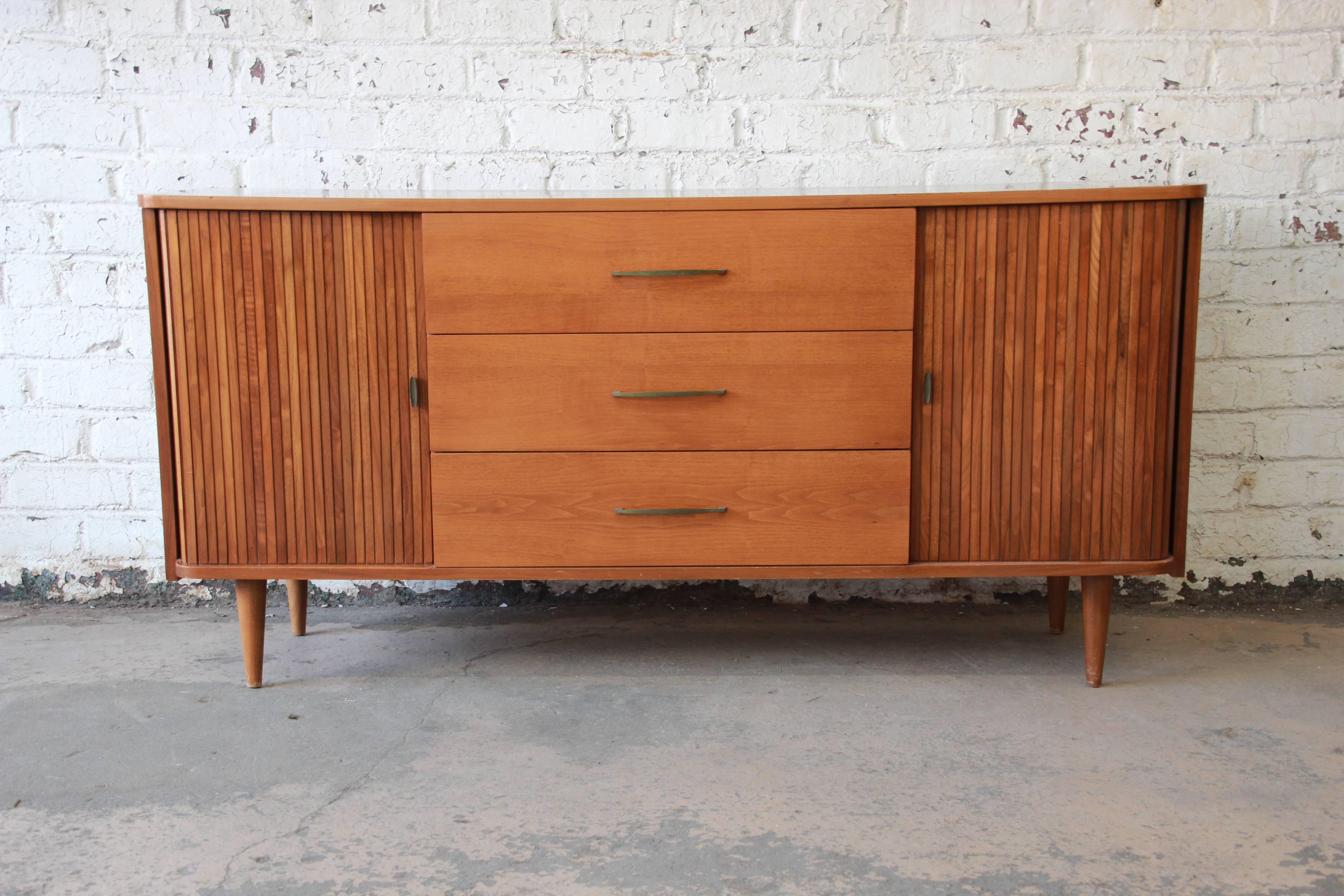 American Mid-Century Modern Tambour Door Sideboard Credenza with Glass Front Hutch Top