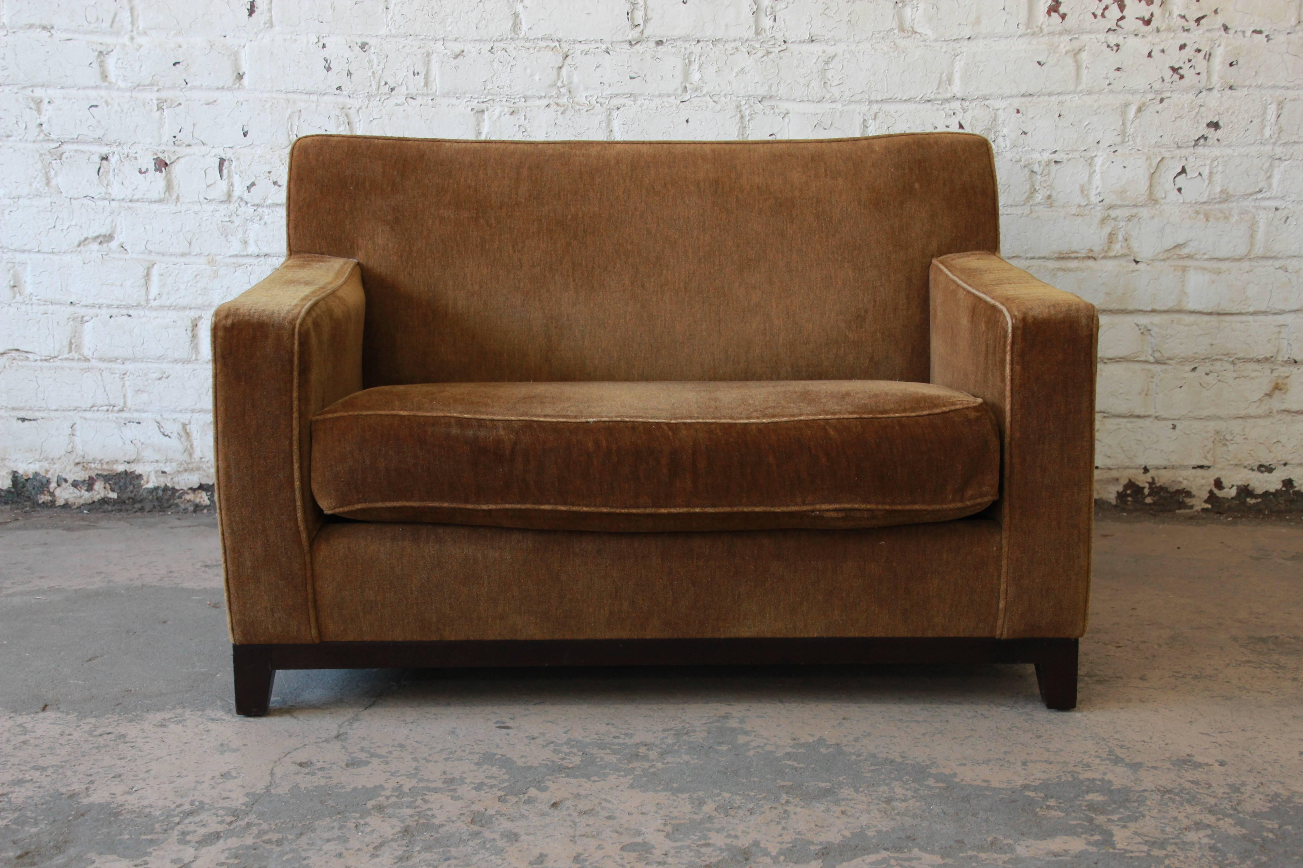 An exceptional modern oversized cube lounge chair or settee designed by Christian Liaigre for Holly Hunt. The chair is extremely comfortable and has a nice modern design with gorgeous brown mohair velvet upholstery. Original label is present. The