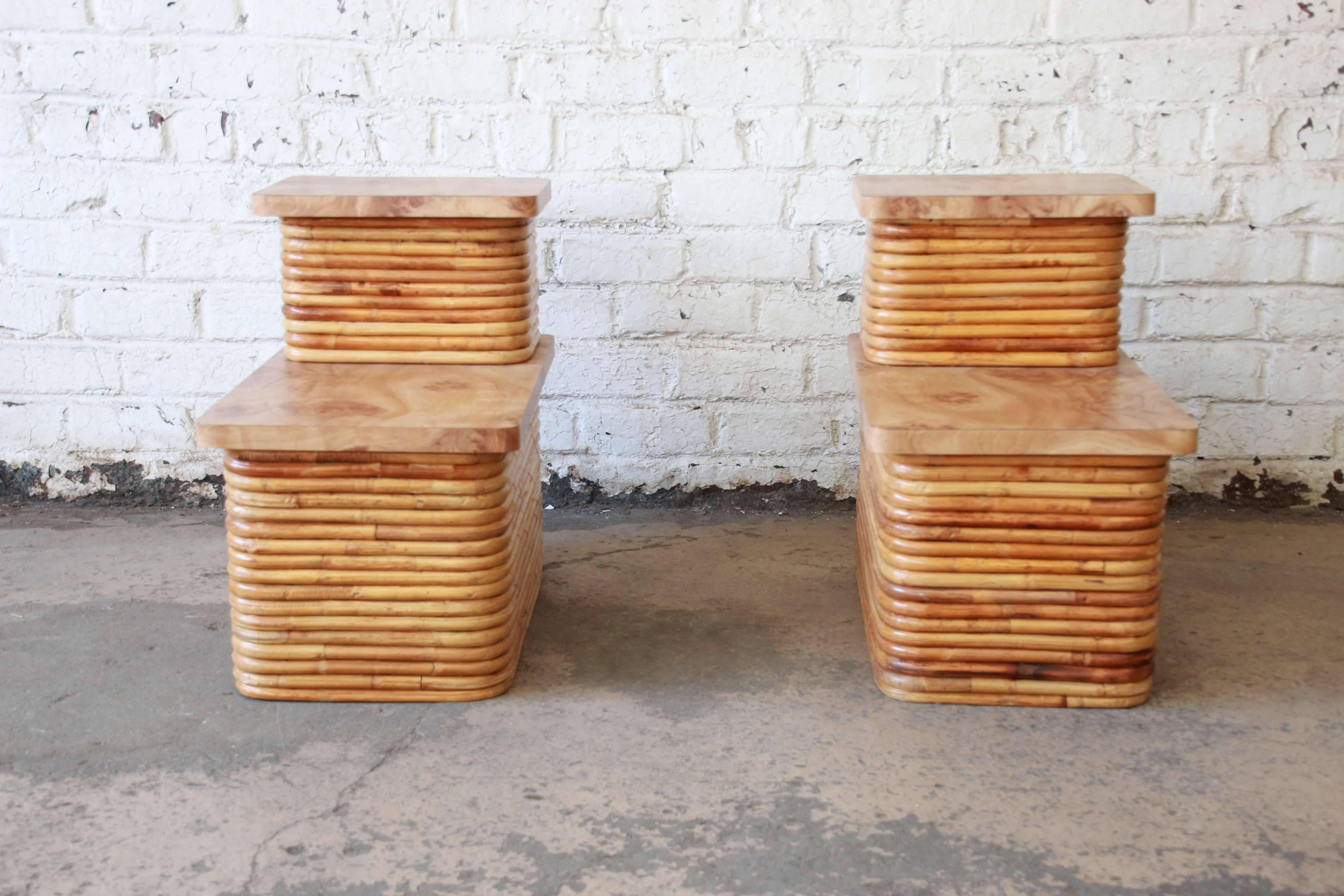 Mid-Century Modern Bamboo End Tables in the Style of Paul Frankl, Pair