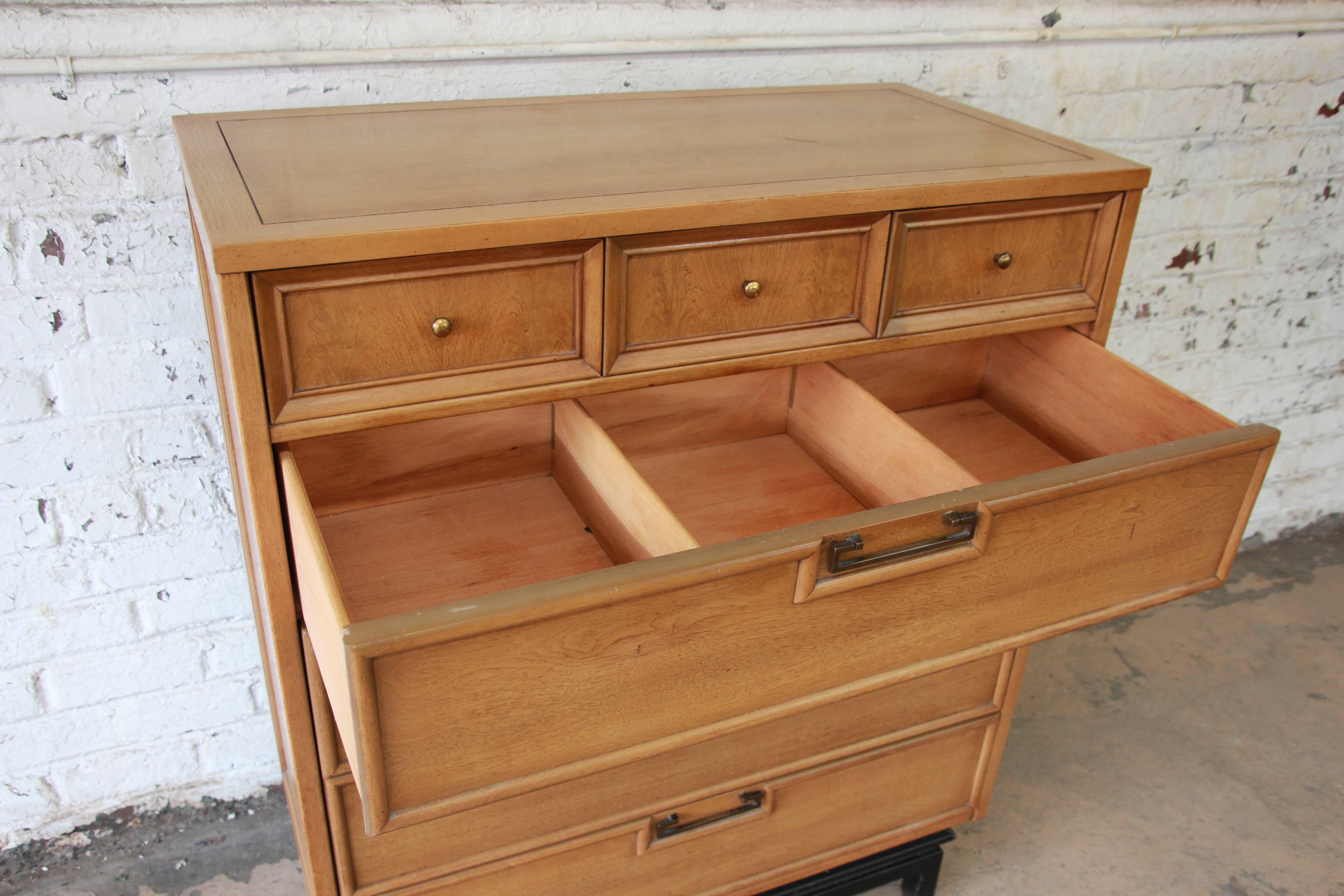 Walnut Mid-Century Modern Chinoiserie Highboy Dresser by American of Martinsville