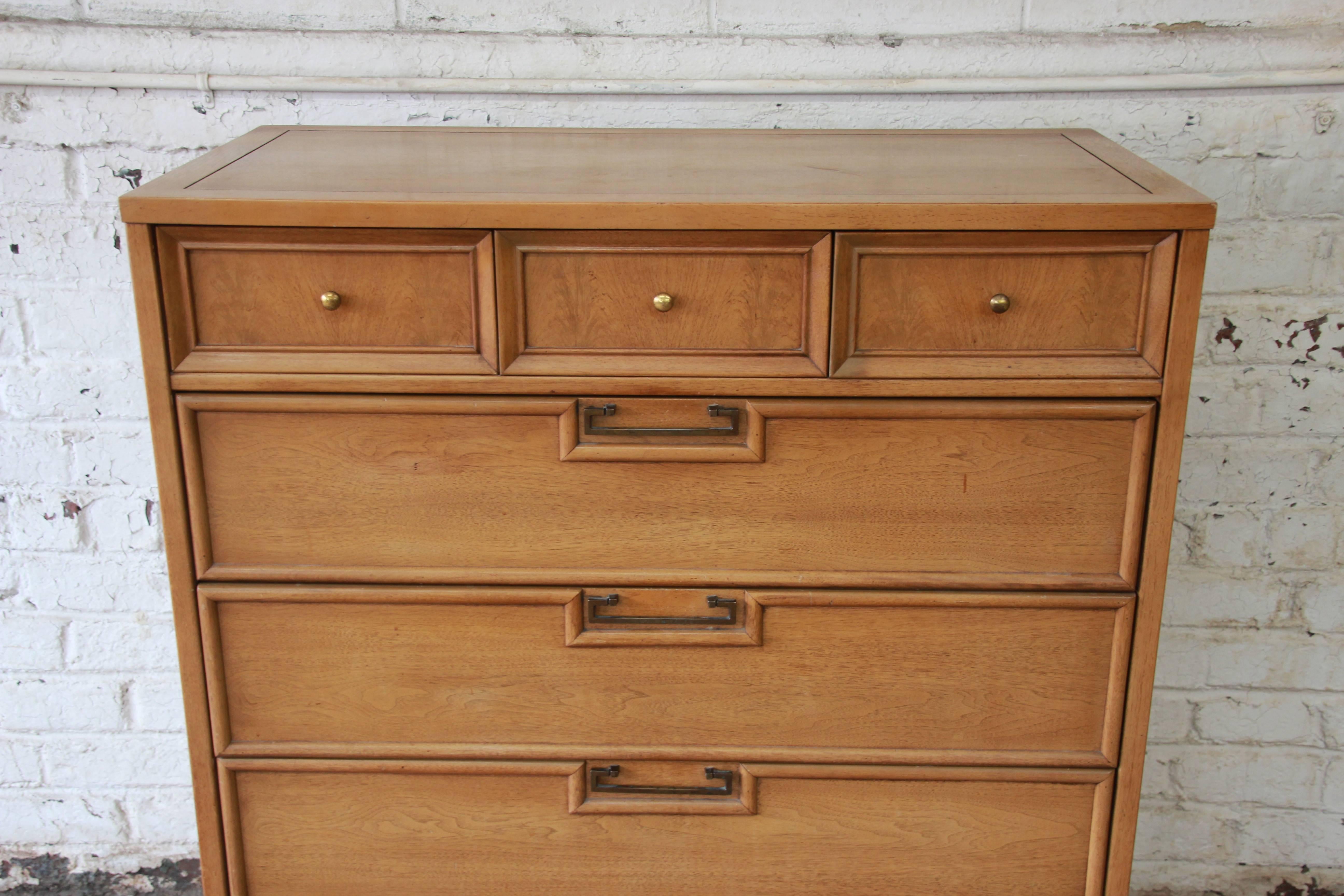 Bleached Mid-Century Modern Chinoiserie Highboy Dresser by American of Martinsville