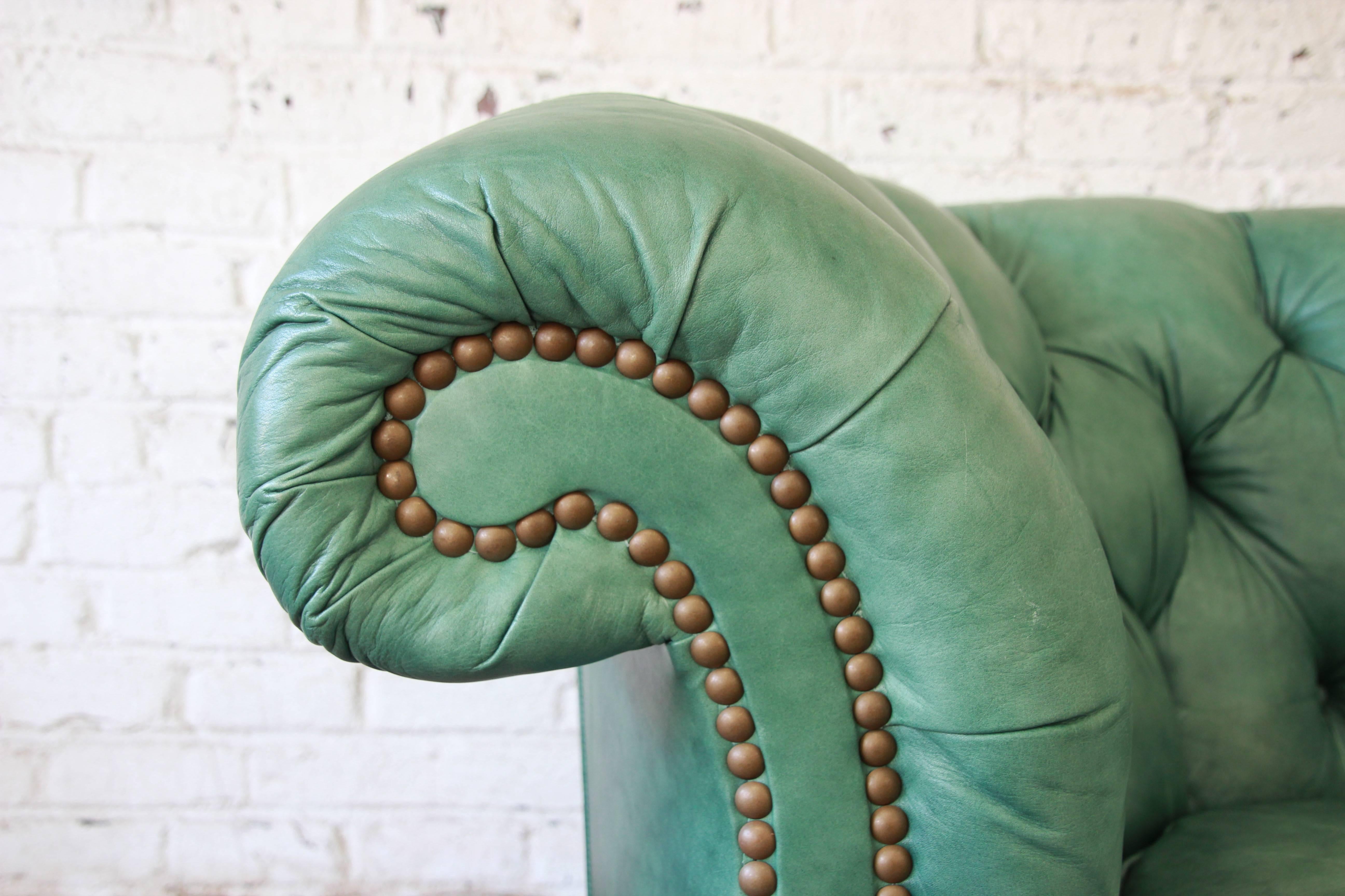 Brass Vintage Teal Tufted Leather Chesterfield Sofa by Hancock & Moore